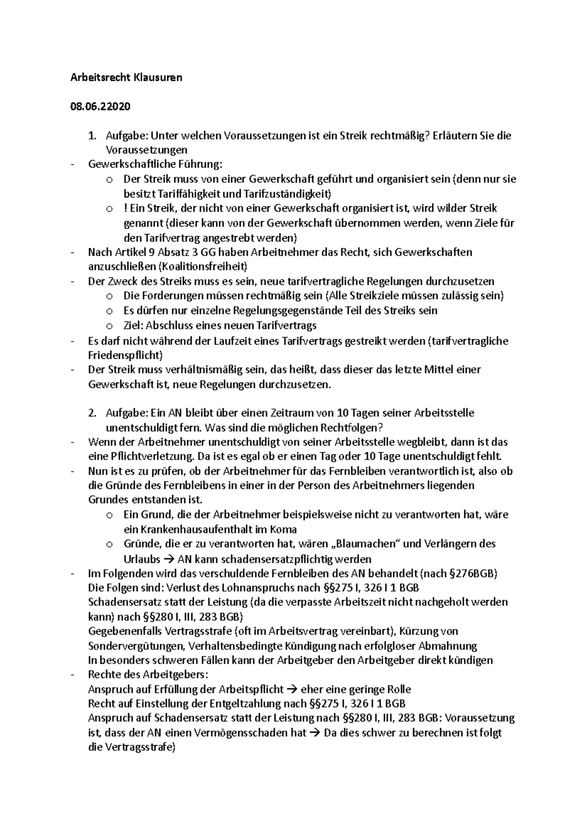 Beantwortung Altklausuren - Arbeitsrecht Klausuren 08. Aufgabe: Unter ...