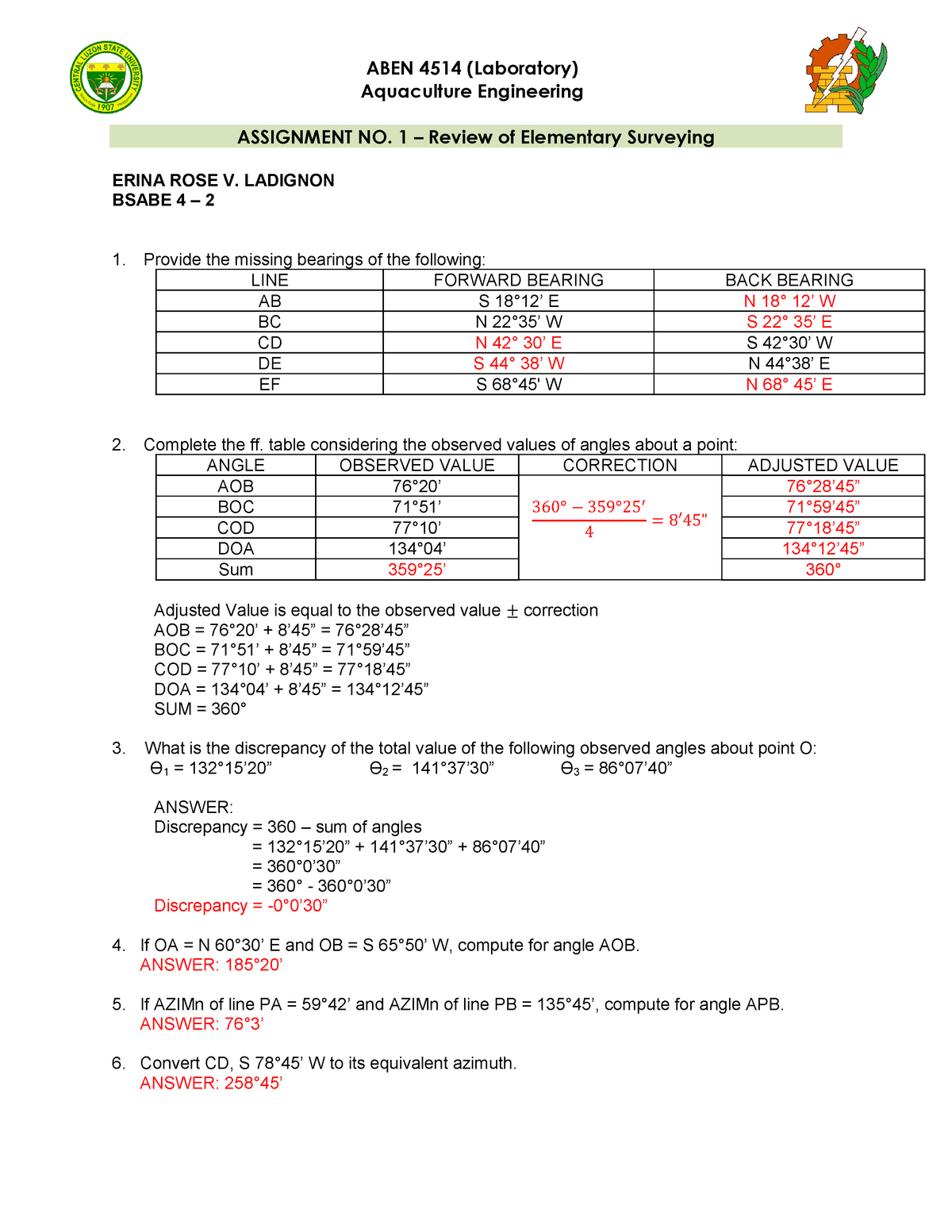 ABEN 4512 LAB EXERCISE ABEN 4514 (Laboratory) Aquaculture Engineering