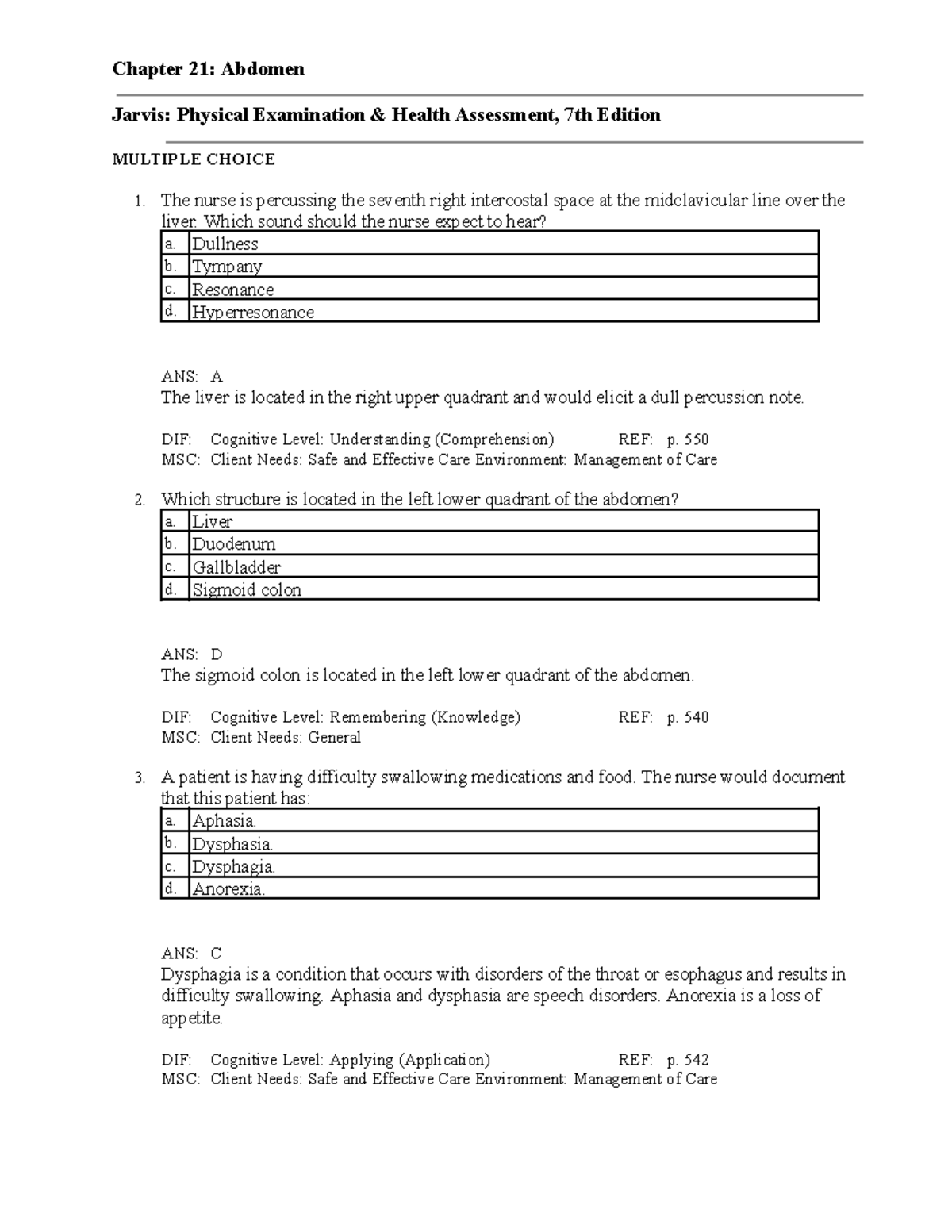 Ch 21 Practice Questions - Abdomen - Chapter 21: Abdomen Jarvis ...