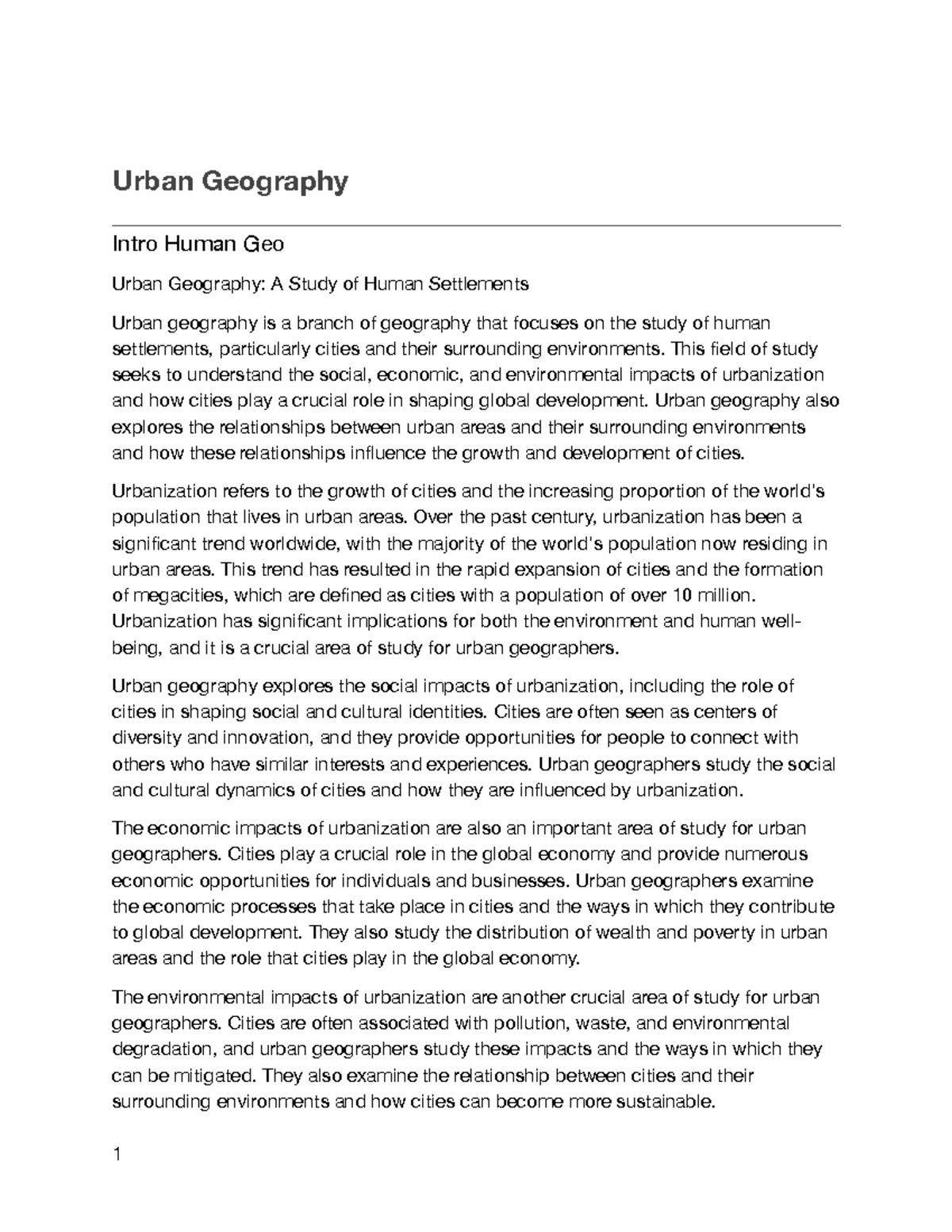 Urban Geography: A Study Of Human Settlements - Studocu