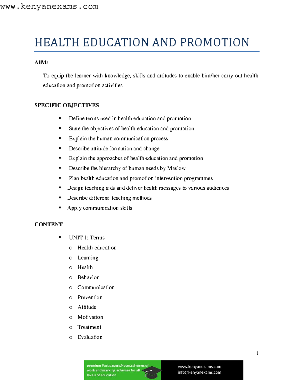 Health education and promotion - The focus of health education is on ...