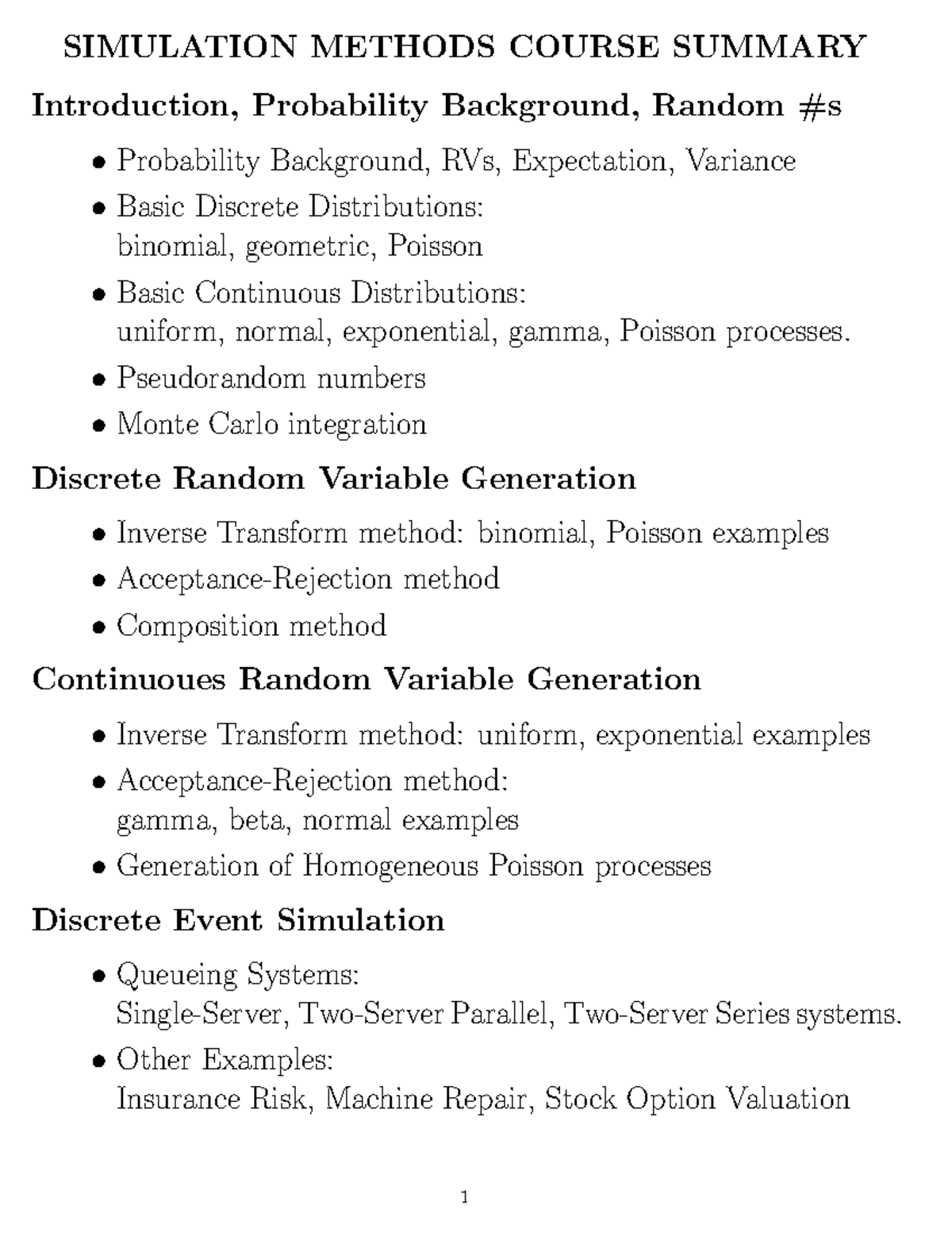 Summary - complete - SIMULATION METHODS COURSE SUMMARY Introduction ...