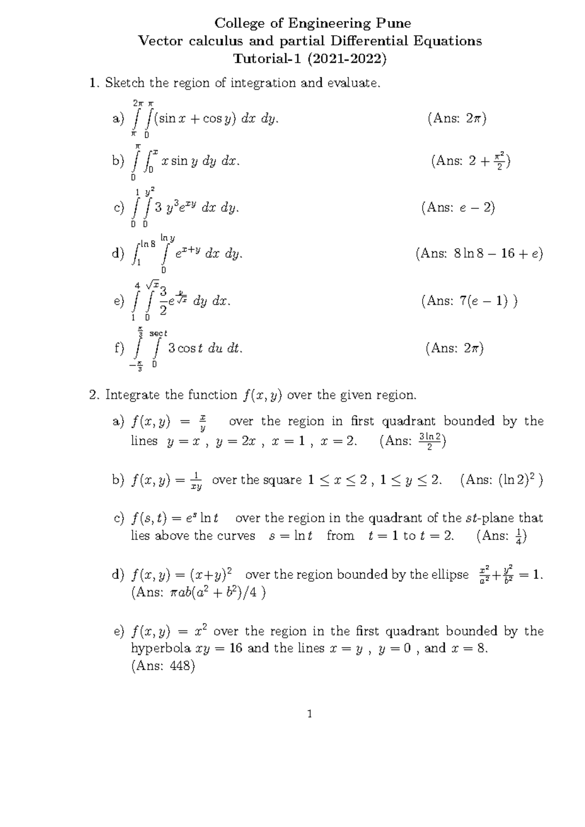 Tut 1 Vector Calculus College Of Engineering Pune Vector Calculus And Partial Differential