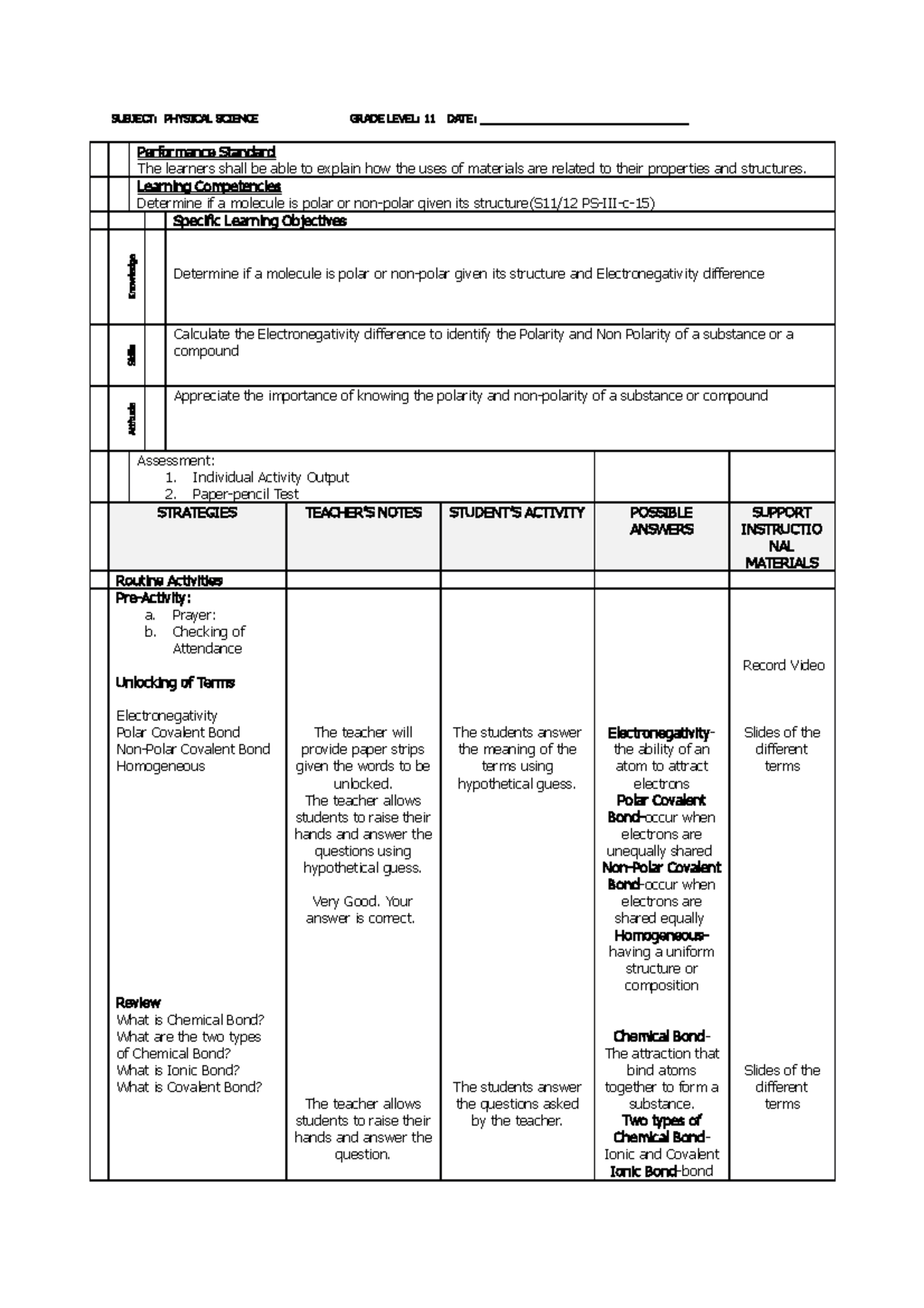 NEW Normal COT LP Polar NON Polar SUBJECT PHYSICAL SCIENCE GRADE