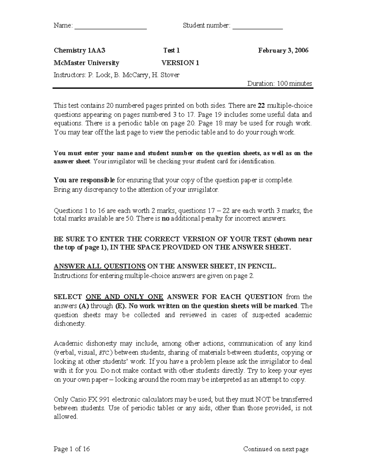 Test 1 2006 - Chemistry 1AA3 Test 1 February 3, 2006 McMaster ...
