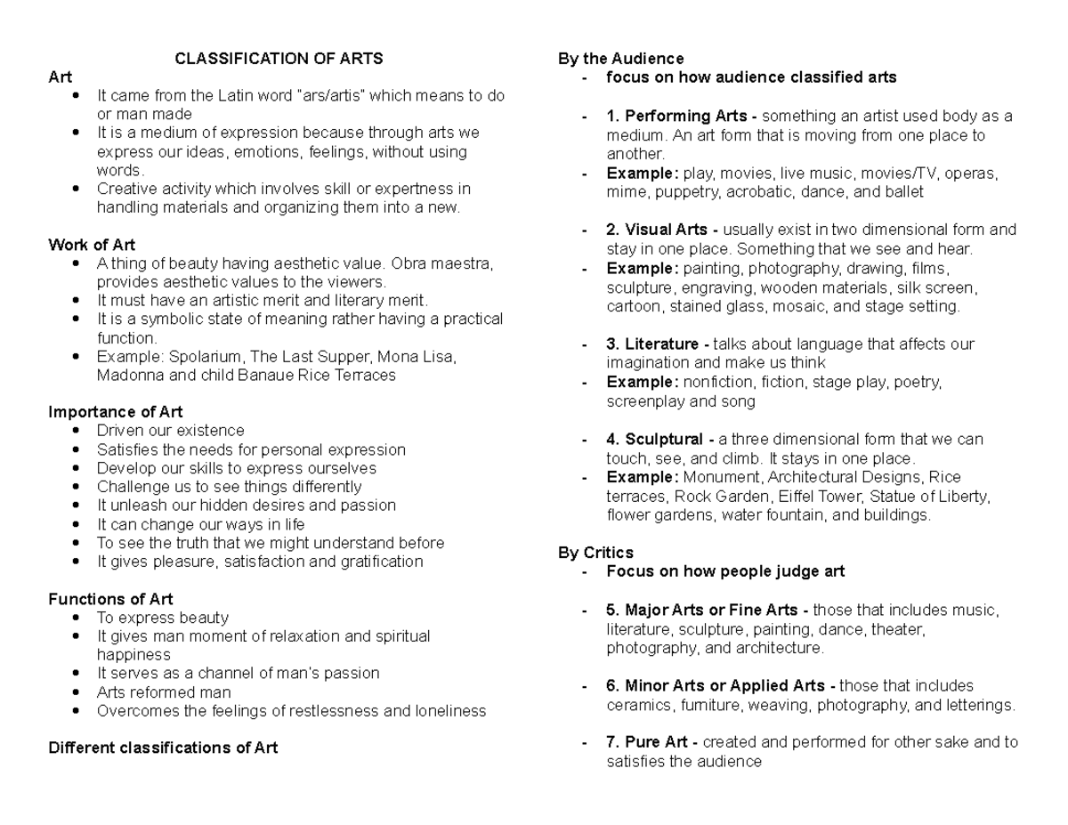 ART 2 ART 2 CLASSIFICATION OF ARTS Art It came from the Latin word