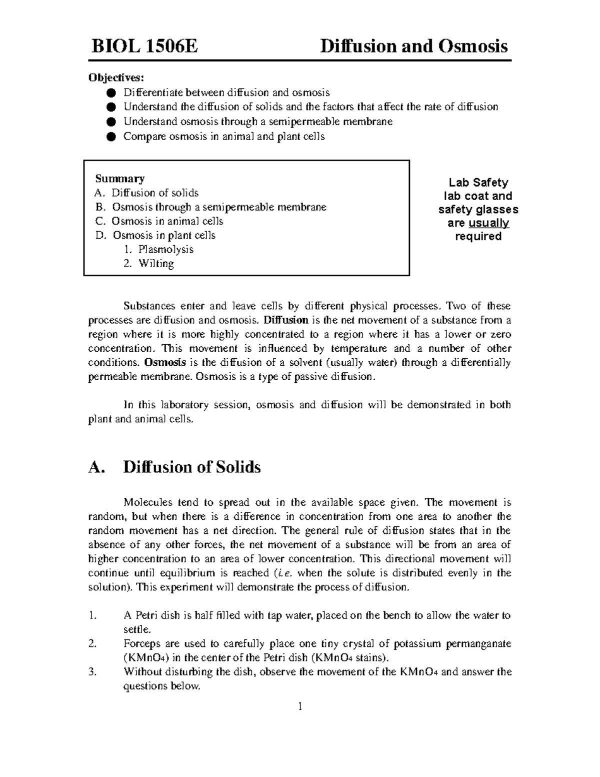 Lab manual 03. Diffusion and Osmosis BIO1506EL Laurentian Studocu