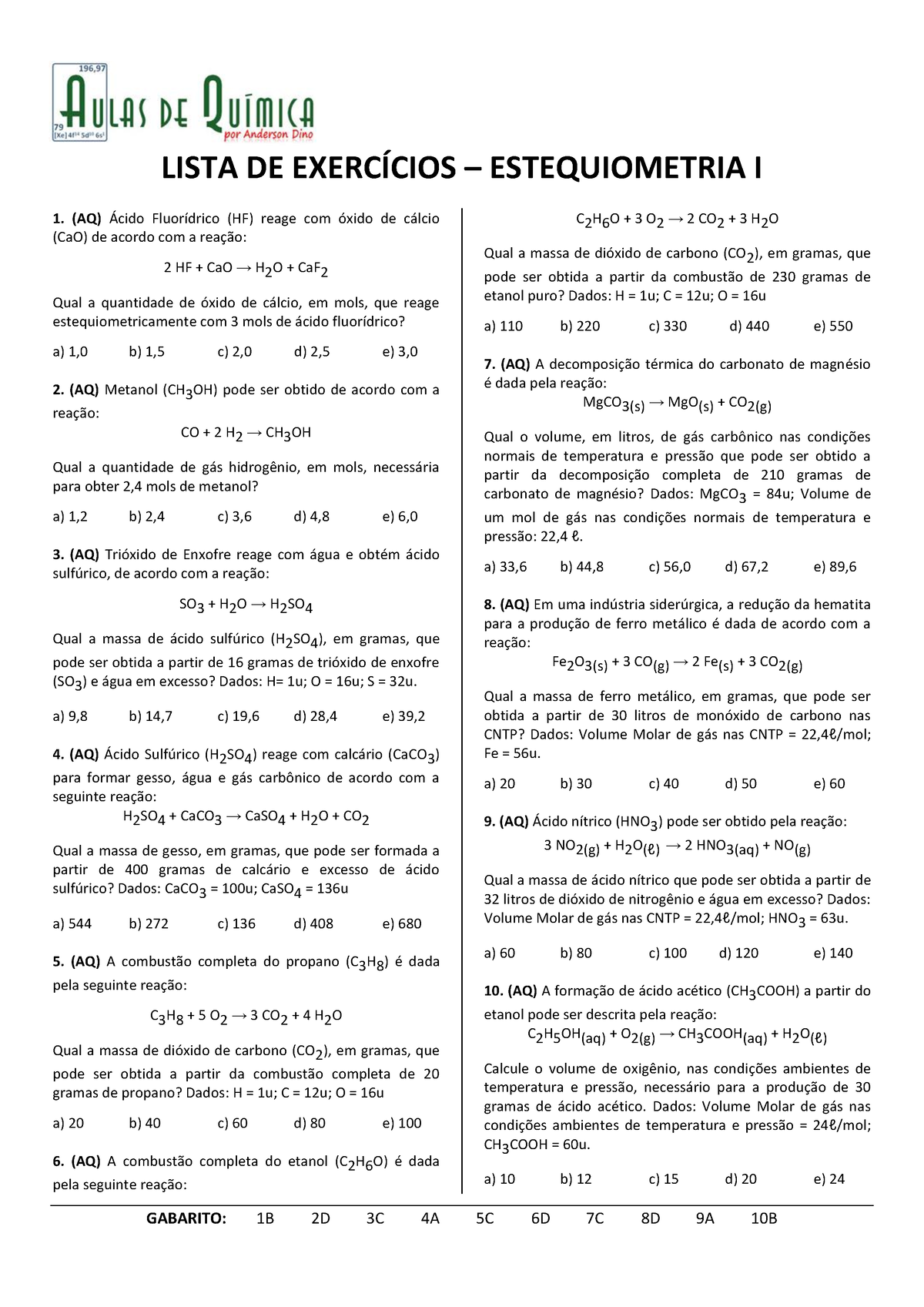 Estequiometria 01 Lista De ExercÍcios Estequiometria I Aq Ácido Fluorídrico Hf Reage Com 1011