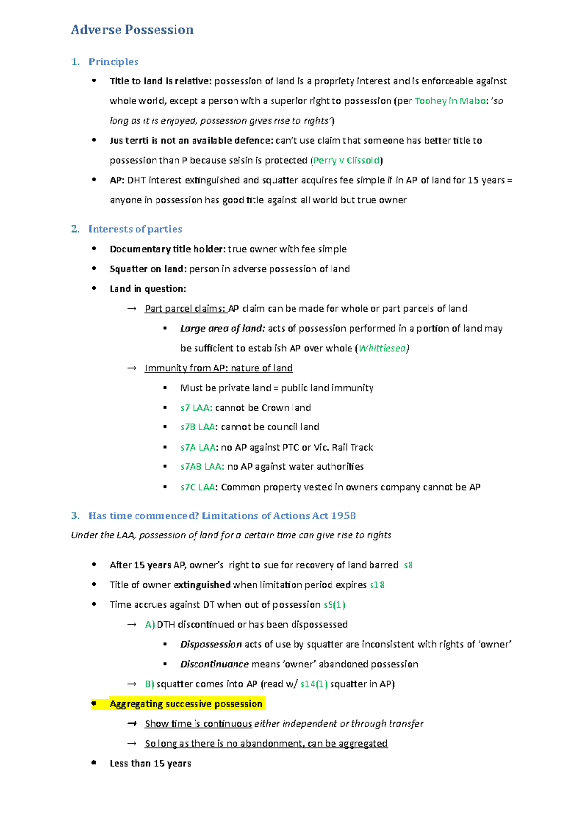 Summary Australian Real Property Law lectures 1-2 - Adverse Possession ...