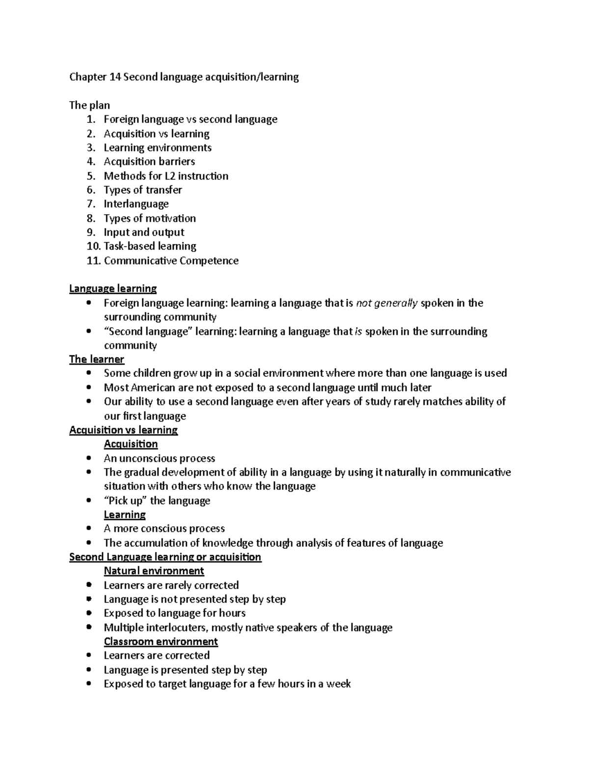 LING Chapter 14 Second Language Acquisition:learning - Chapter 14 ...