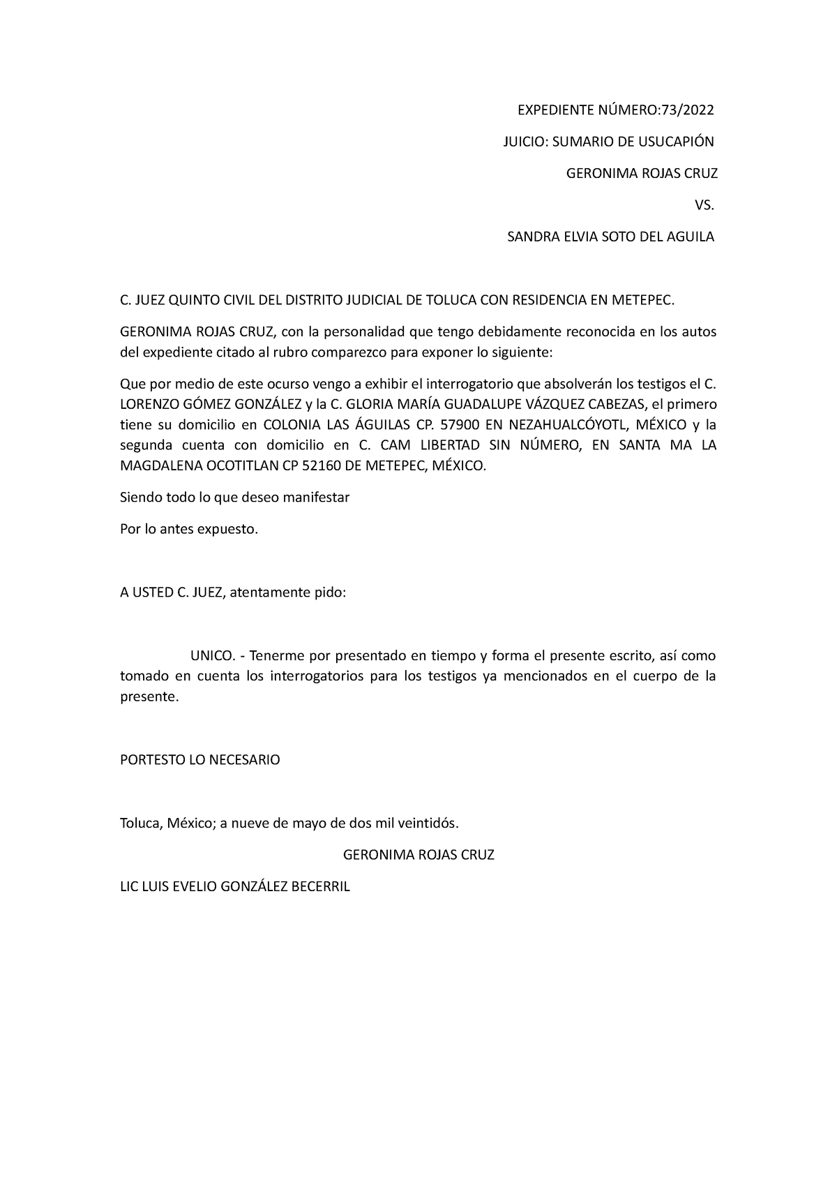 Promoción PARÁ Testigos 7322 - EXPEDIENTE NÚMERO:73/ JUICIO: SUMARIO DE ...