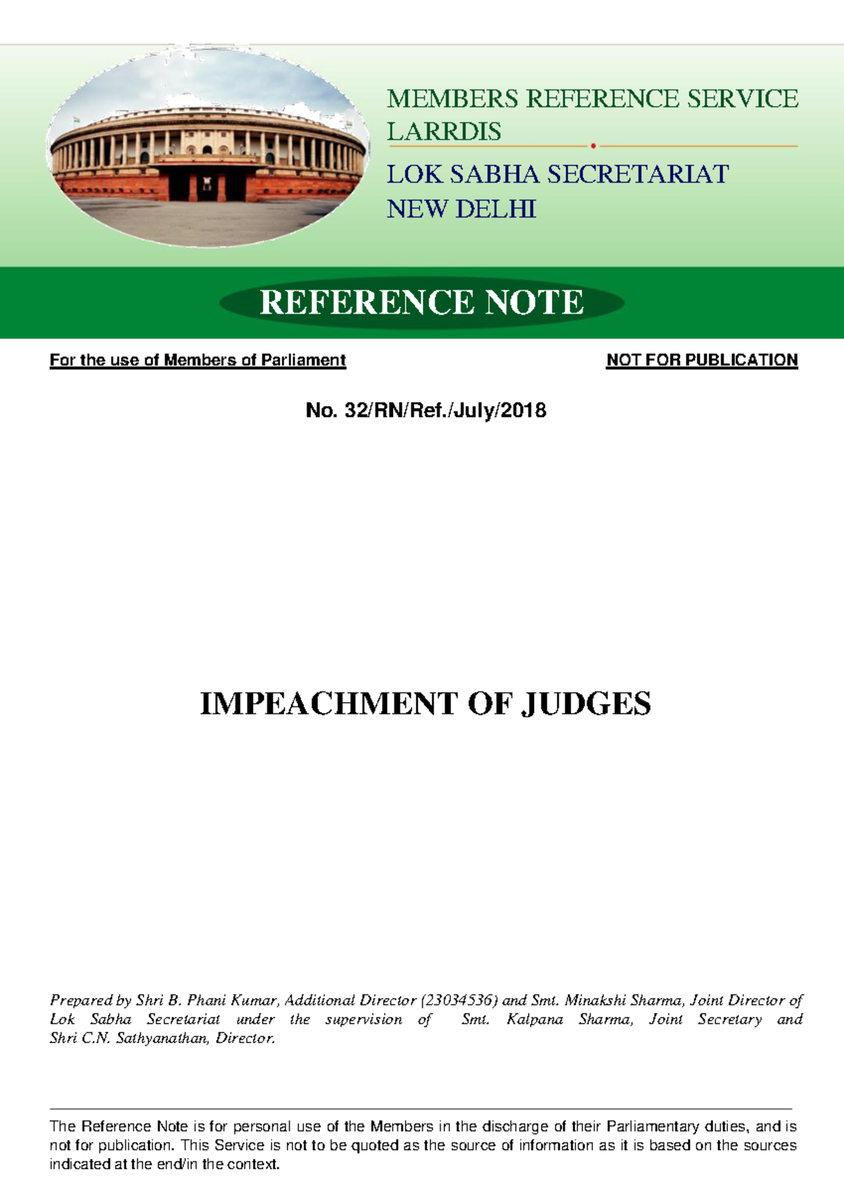 Impeachment Of Judges - Notes - MEMBERS REFERENCE SERVICE LARRDIS LOK ...