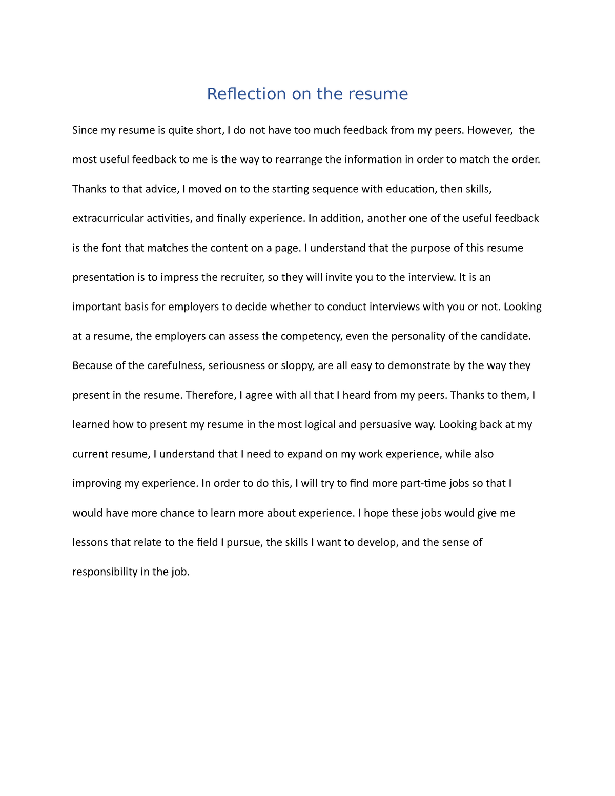 reflection paper about writing a resume