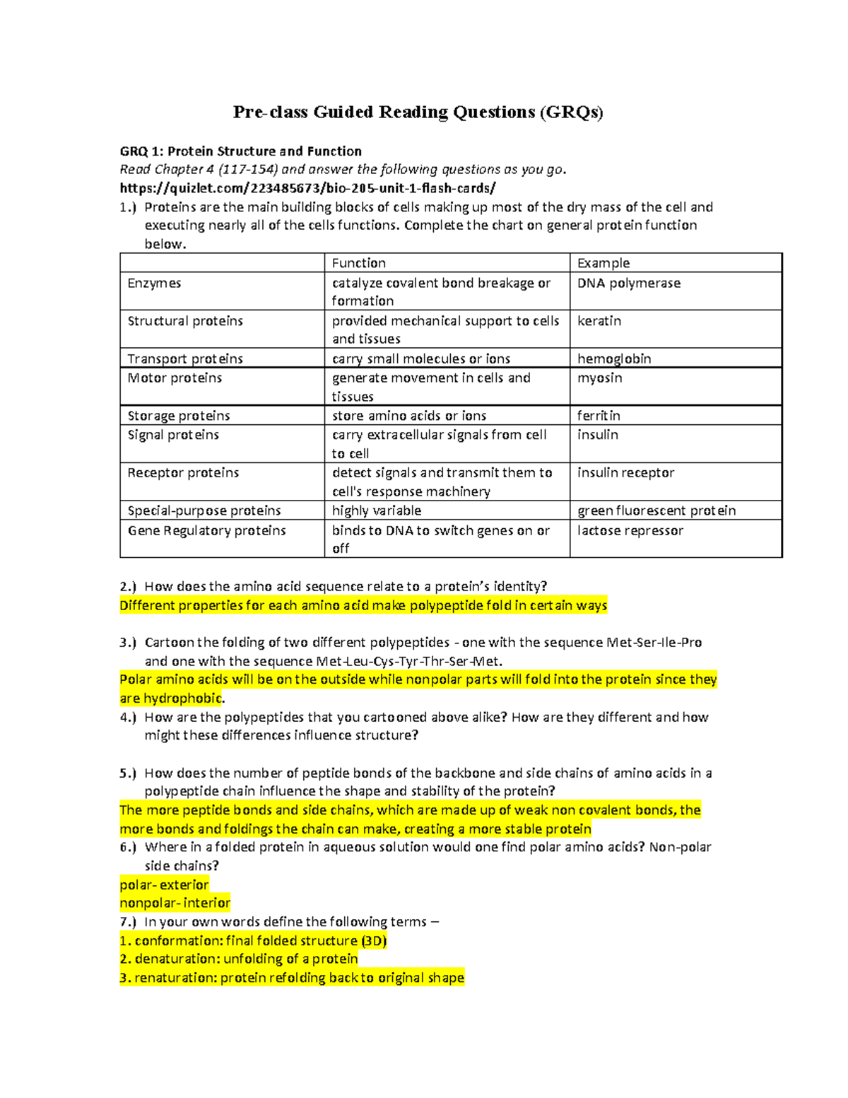 BIO 205 GRQ1 - GRQ - Pre -class Guided Reading Questions (GRQs) GRQ 1 :  Protein Structure and - StuDocu