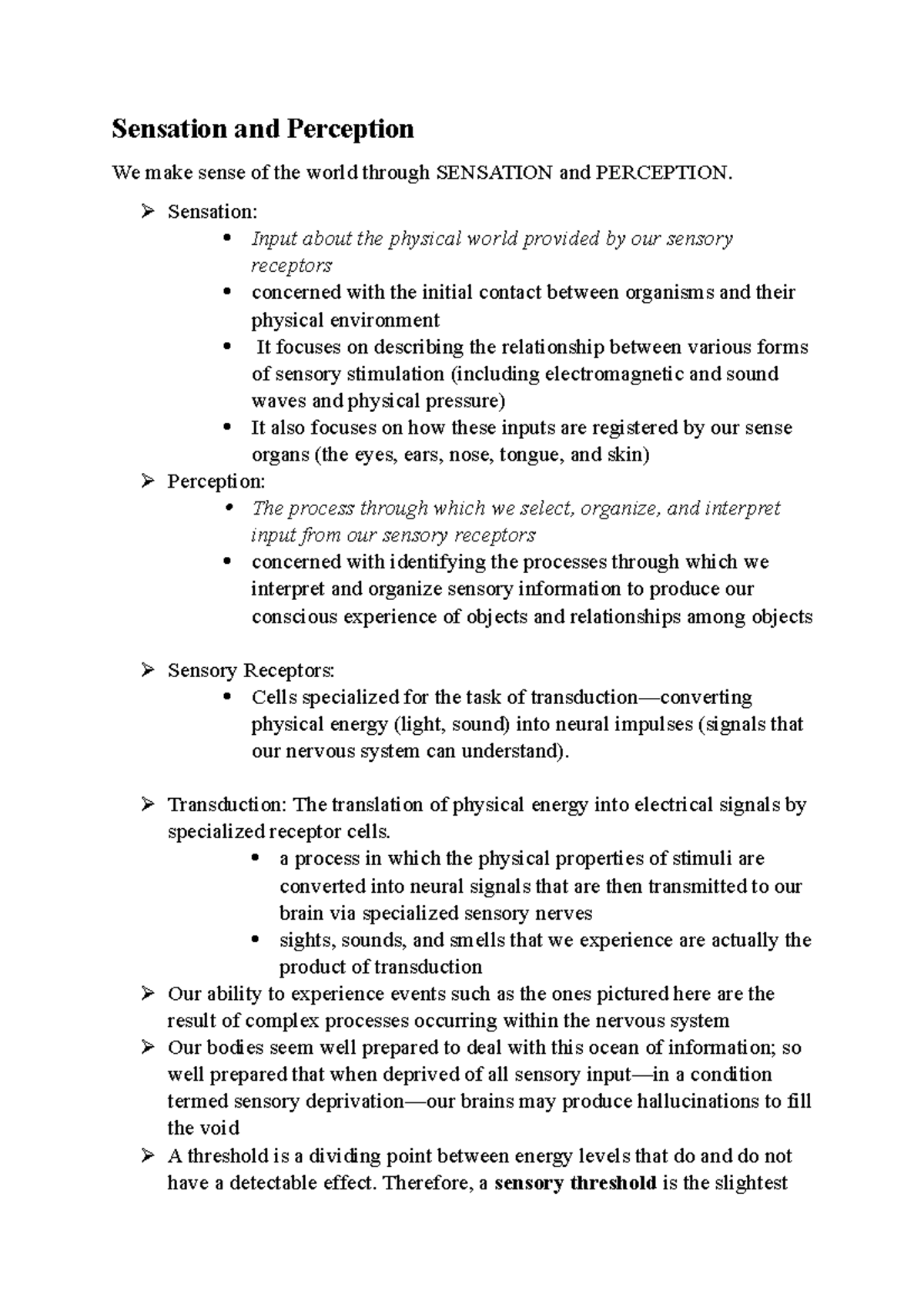 Psychology Notes - Sensation and Perception We make sense of the world ...