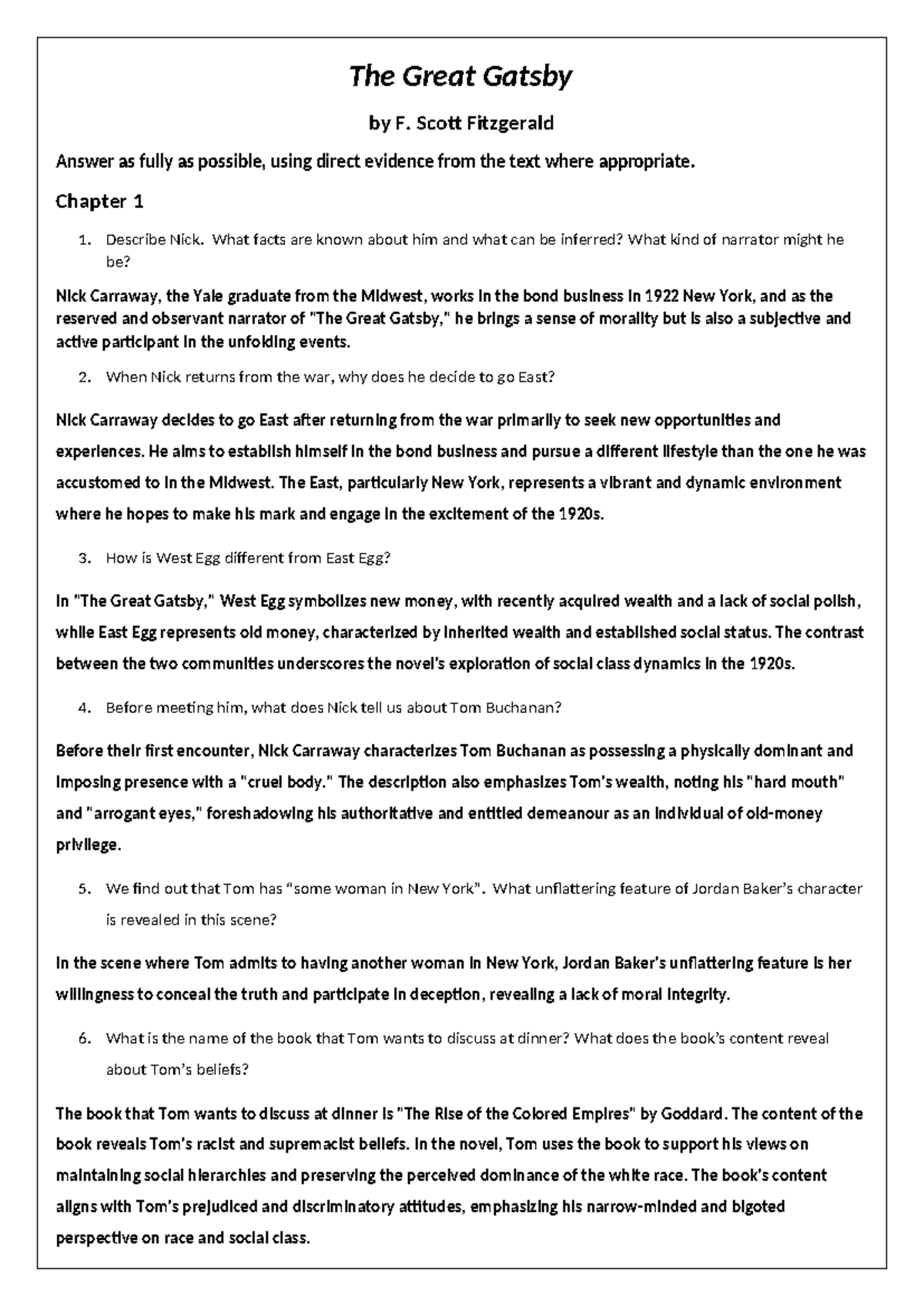 Gatsby Chapter questions The Great Gatsby by F. Scott Fitzgerald