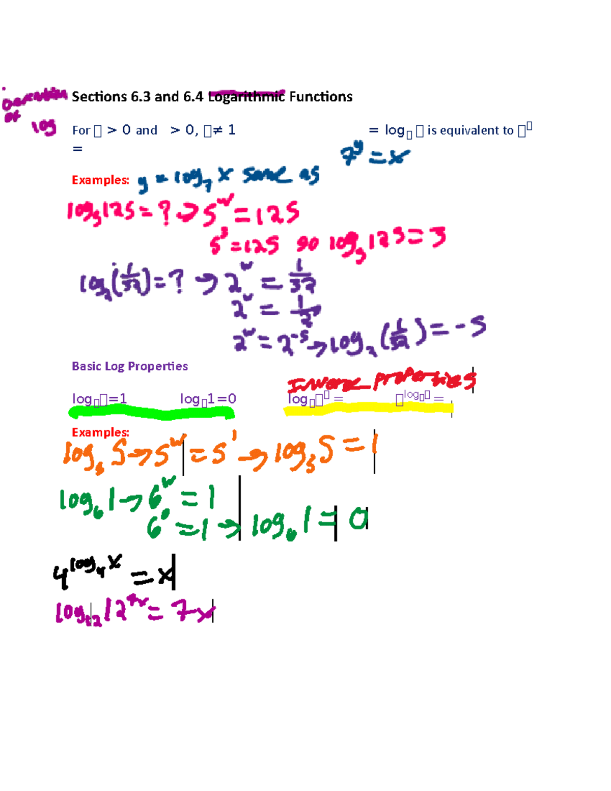 Logarithmic Functions Notes - Sections 6 And 6 Logarithmic Functions ...