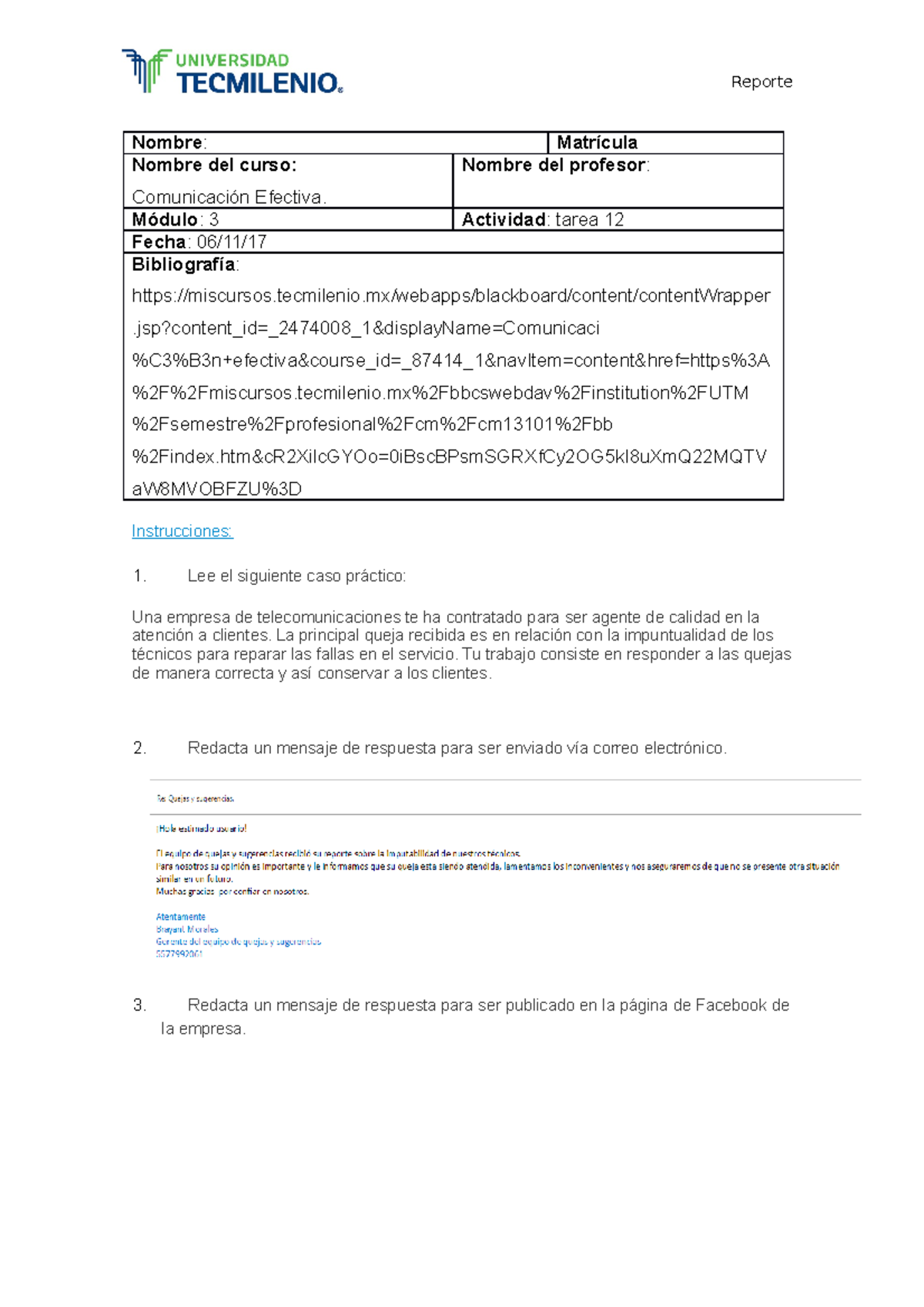 Tarea 12 comunicacion - Reporte Nombre: Nombre del curso: Comunicación ...