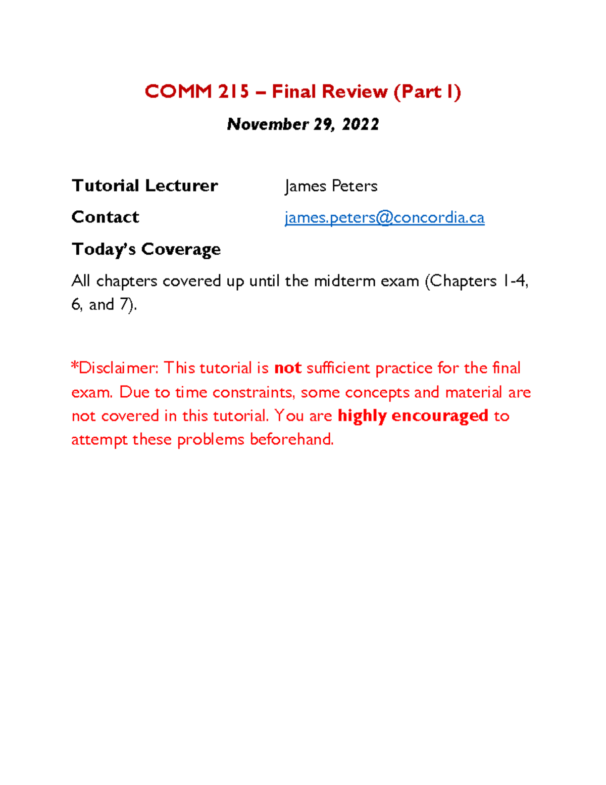 Final Review (Pre-Midterm) - COMM 215 – Final Review (Part I) November ...