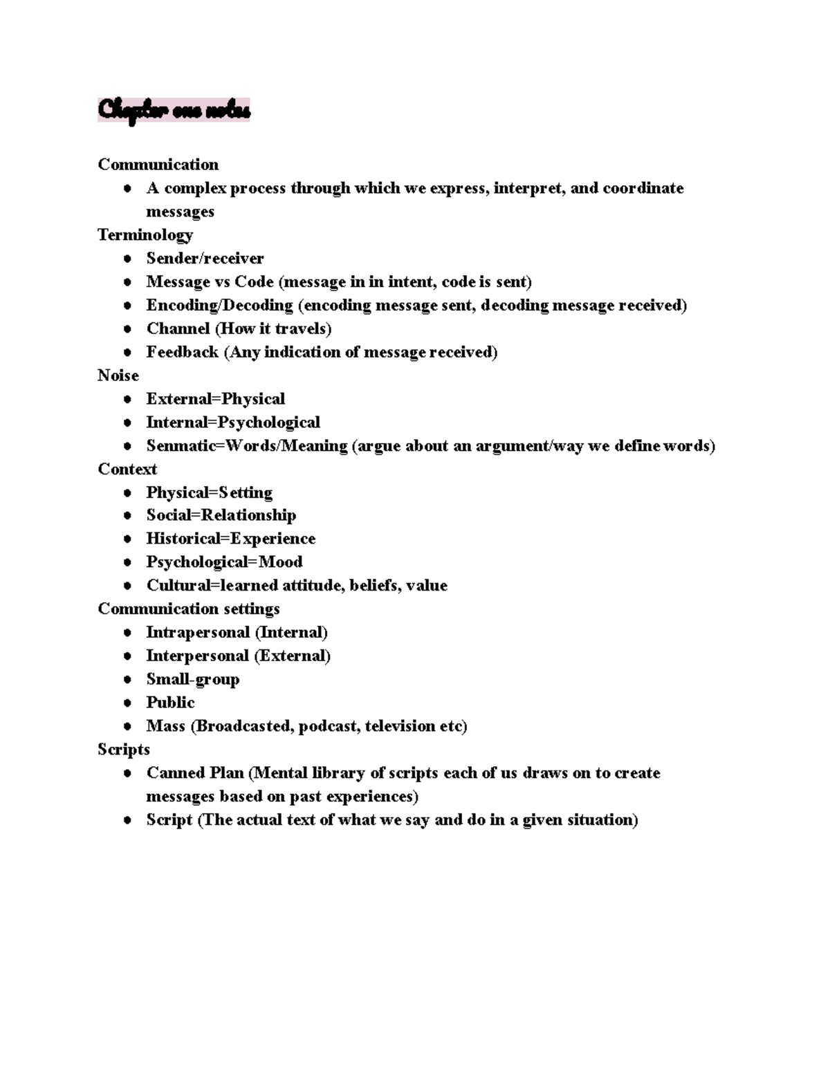 SPCH 1311 NOTES - Chapte On Note Communication A Complex Process ...