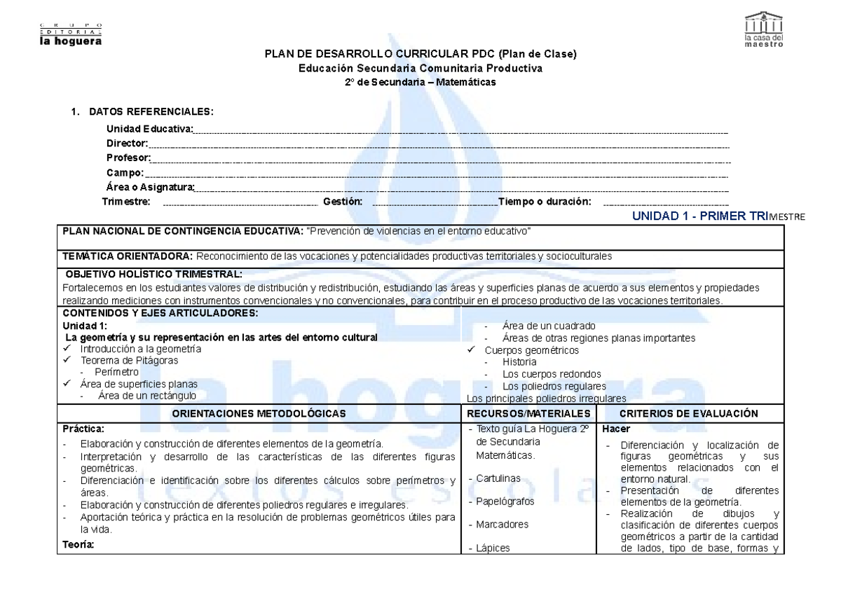 PDC - 2do Matemática Secundaria - PLAN DE DESARROLLO CURRICULAR PDC (Plan  de Clase) Educación - Studocu