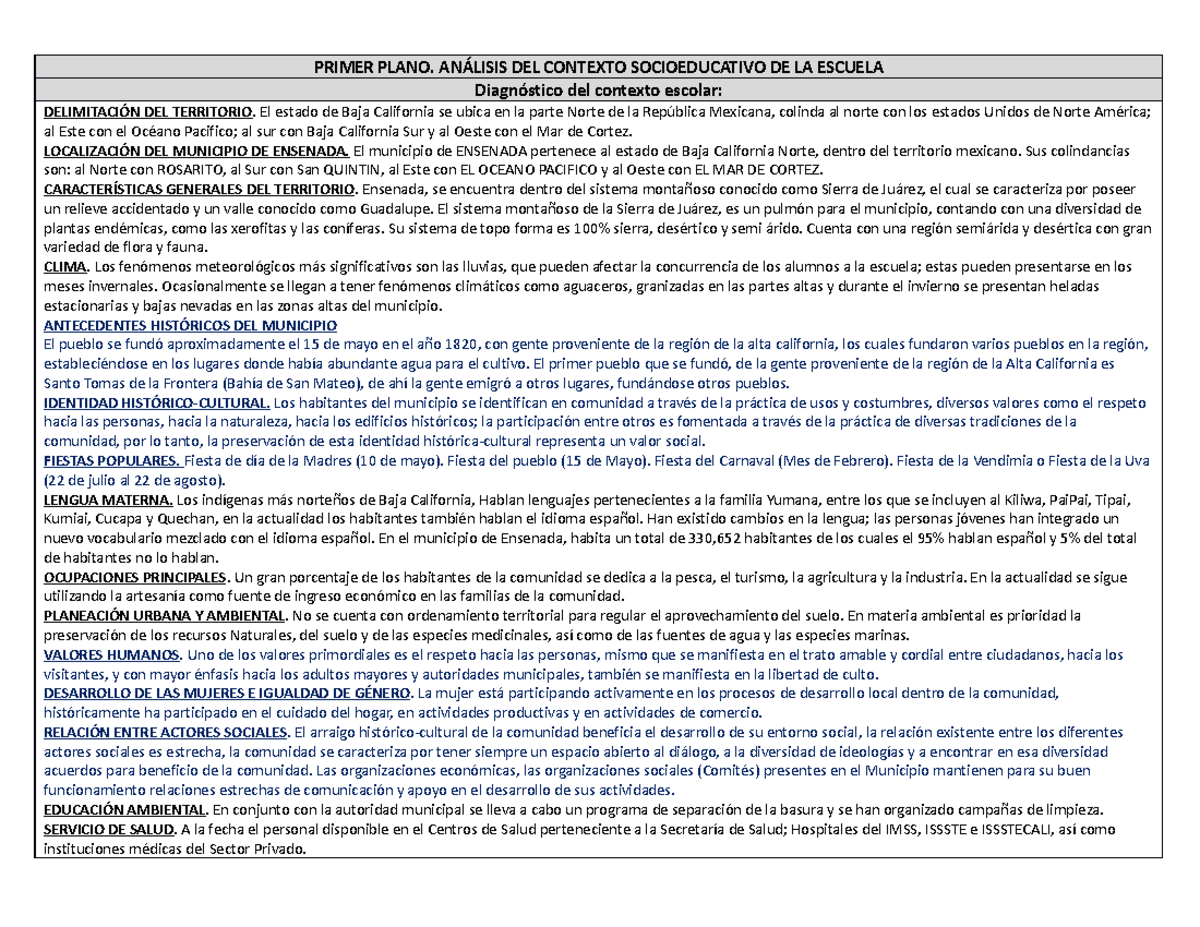 Primer Plano - PRIMER PLANO. ANÁLISIS DEL CONTEXTO SOCIOEDUCATIVO DE LA