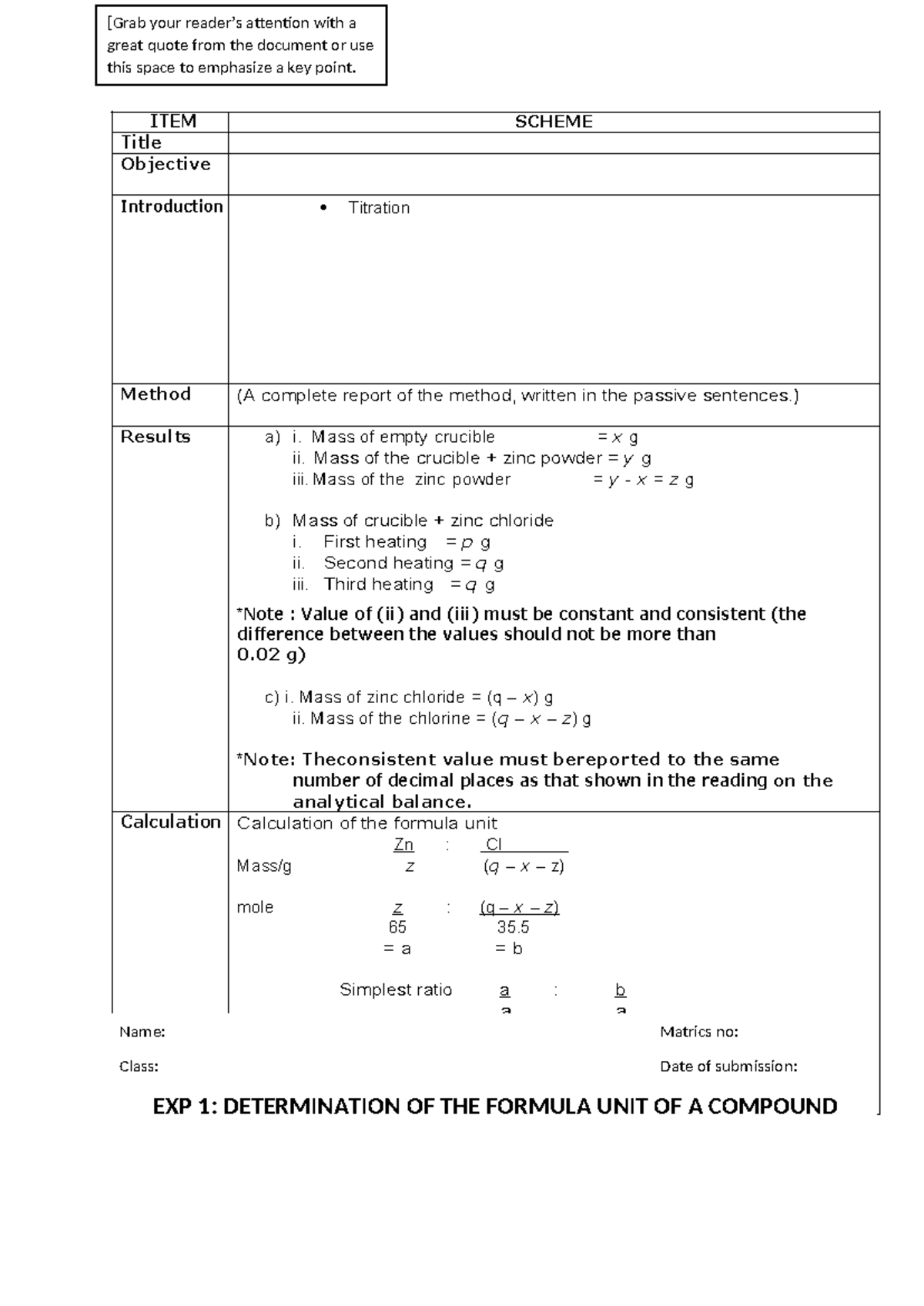 Lab Report Template Exp 1 - ITEM SCHEME Title Objective Introduction ...