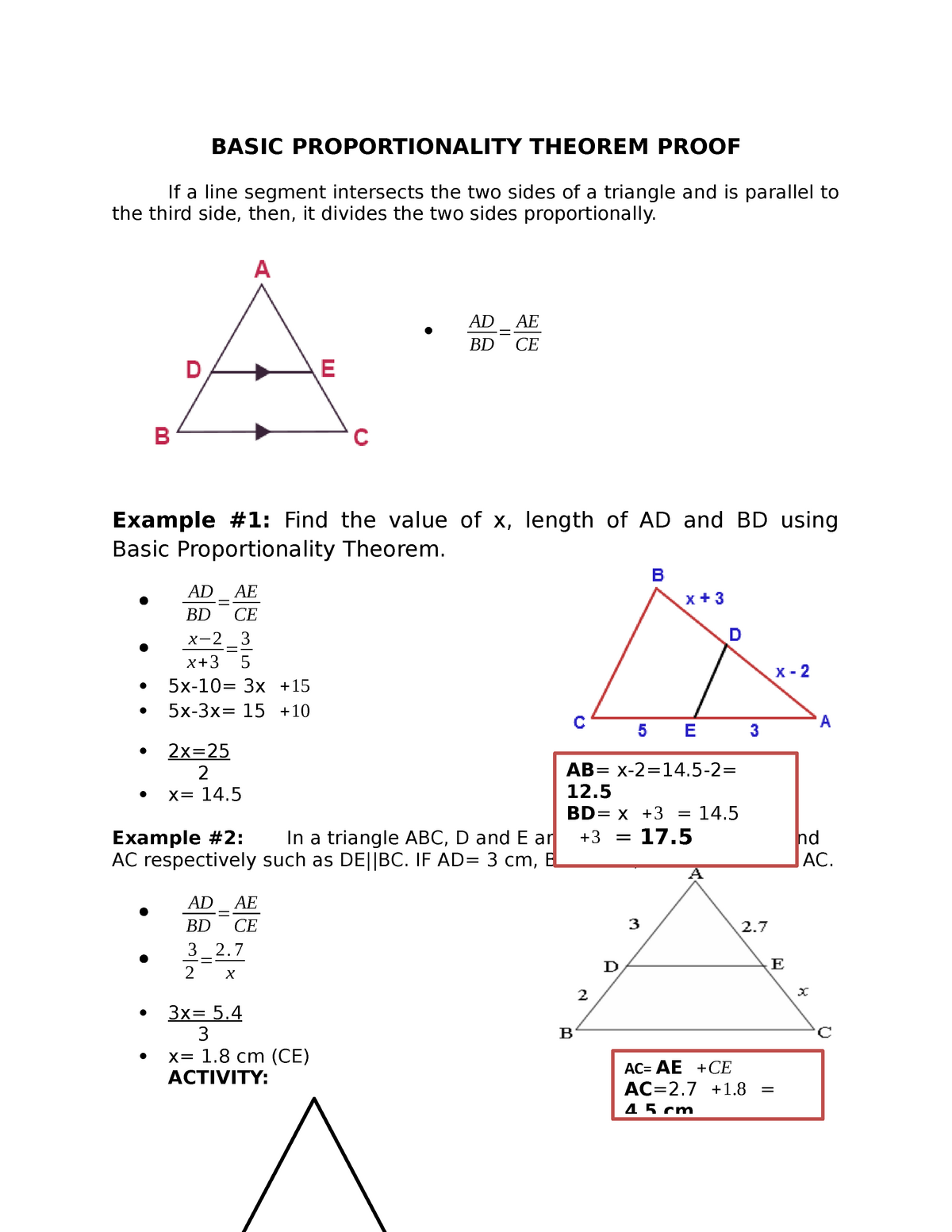 Triangle Proportionality Worksheet Answer Key