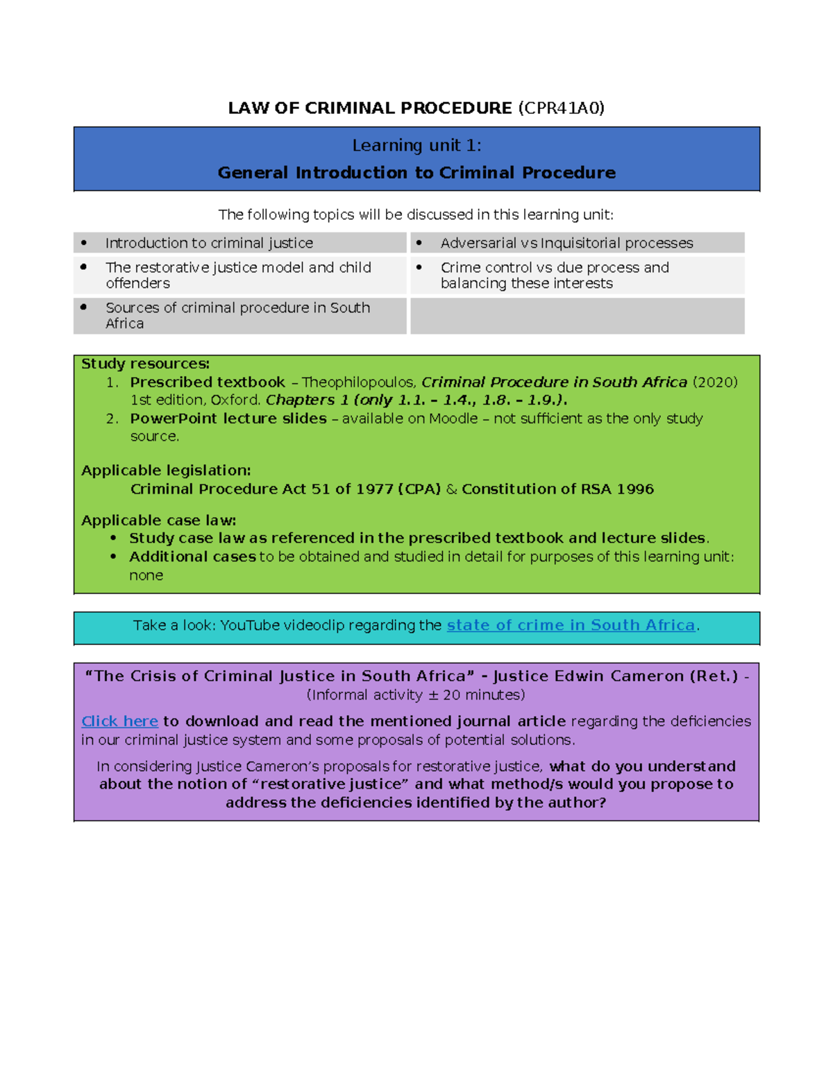 Unit 1. Learning guide (2024) - LAW OF CRIMINAL PROCEDURE (CPR41A0 ...