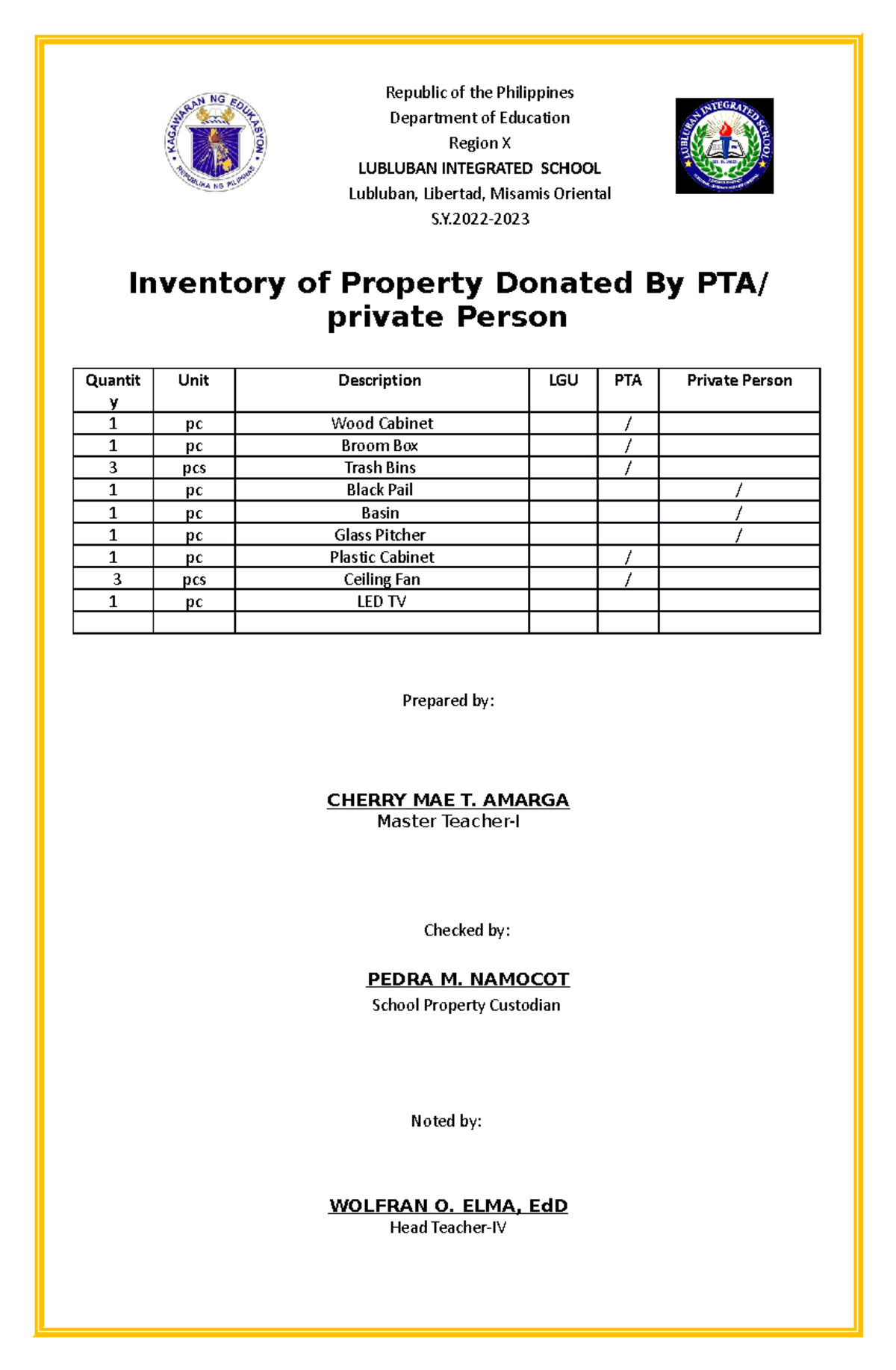 Inventory of Property Donated By PTA 2 Inventory of Property Donated