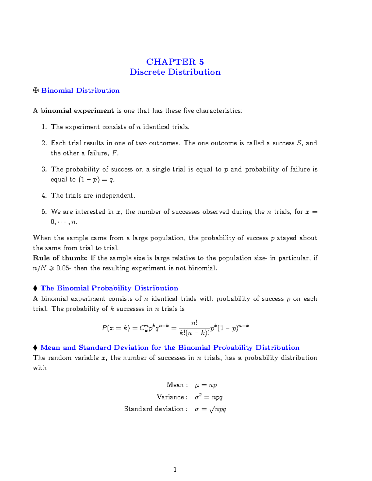 Chapter 5 - Summary Probability And Statistics - CHAPTER 5 Discrete ...