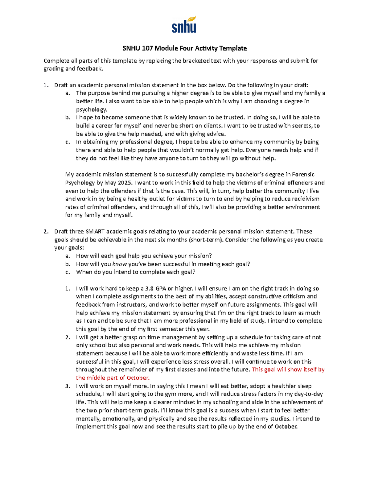 Personal Mission Statement - SNHU 107 Module Four Activity Template ...