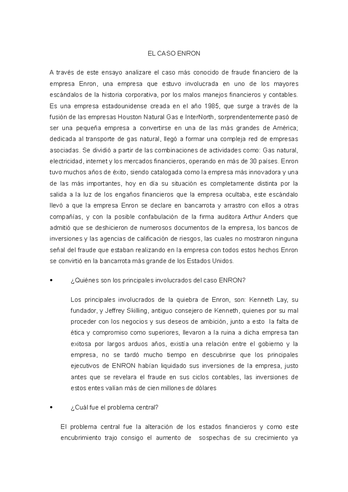 El Caso Enron Pri El Caso Enron A Trav S De Este Ensayo Analizare El