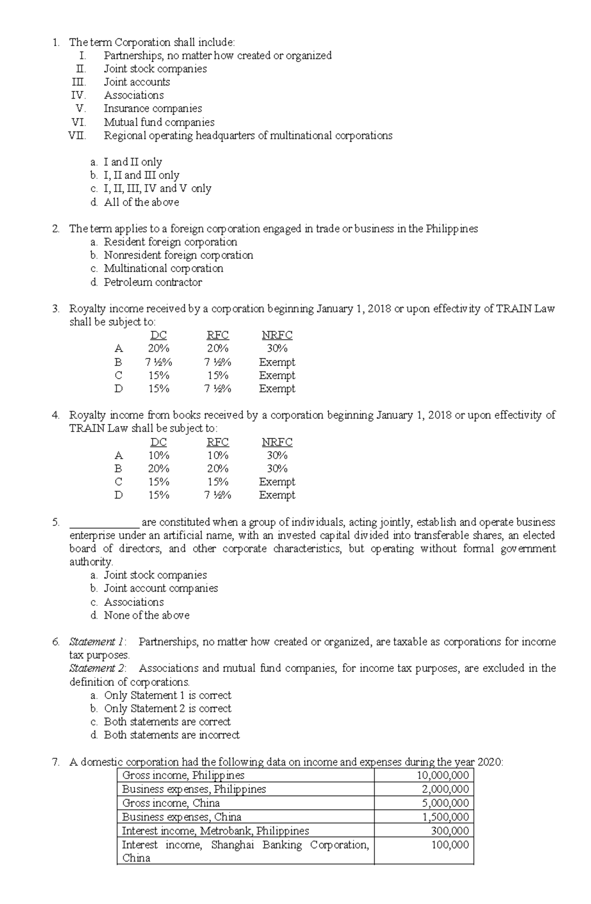 Pdfcoffee - Sample test bank - The term Corporation shall include: I ...