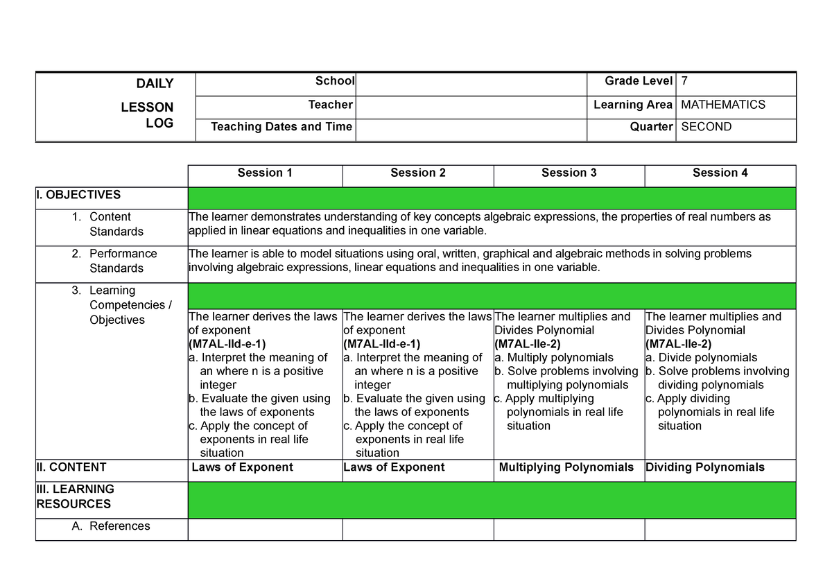 WEEK 5 - Lesson - DAILY LESSON LOG School Grade Level 7 Teacher ...