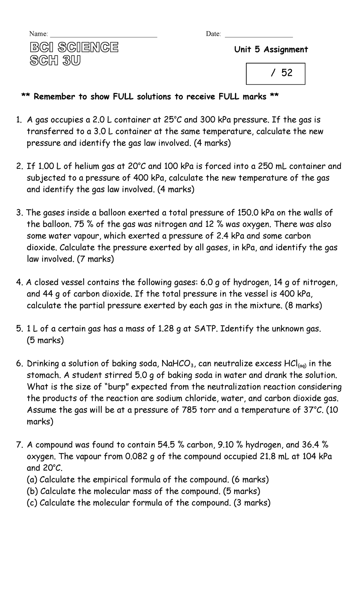 Unit 5 assignment - **** Remember to show FULL solutions to receive ...