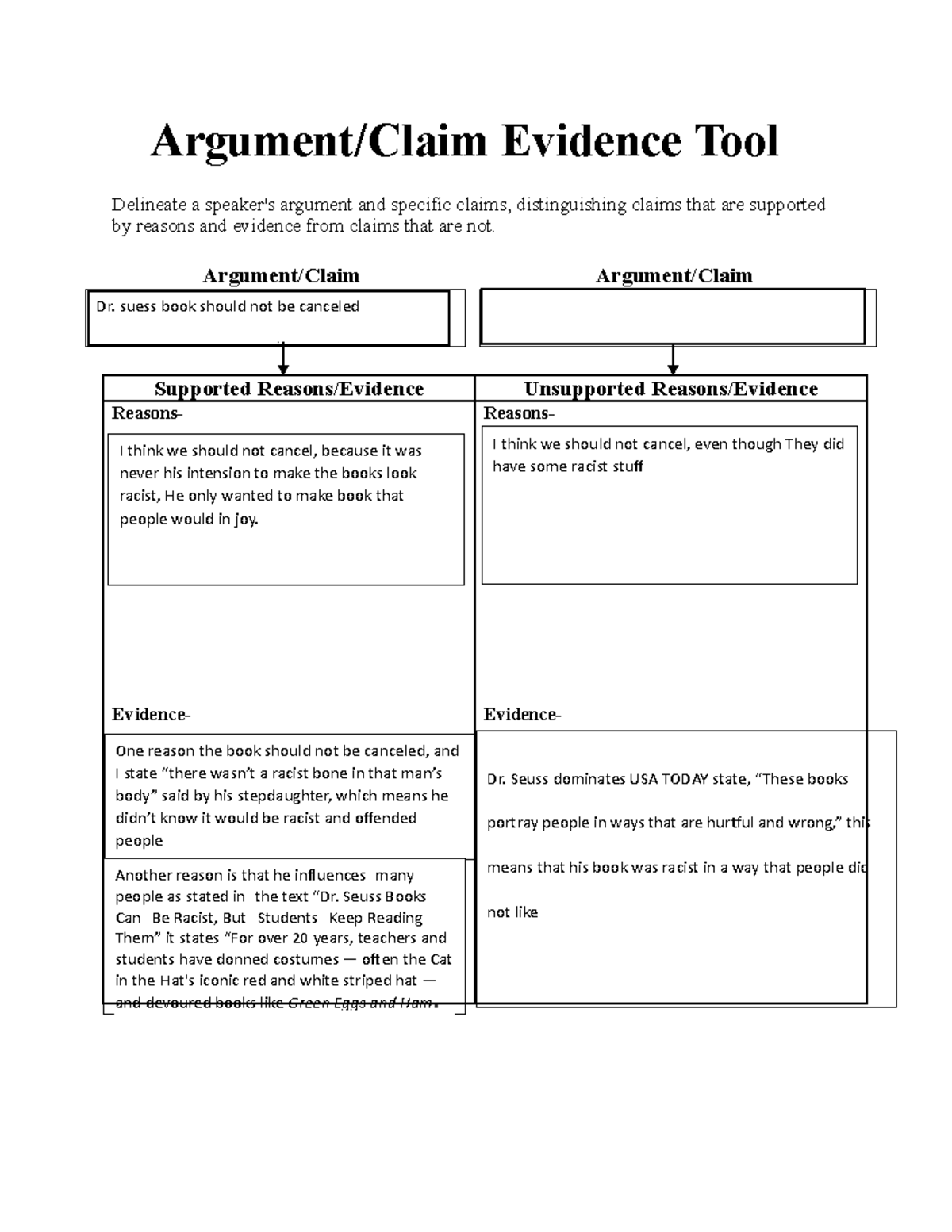 Argument Claim Evidence Argument/Claim Evidence Tool Delineate a