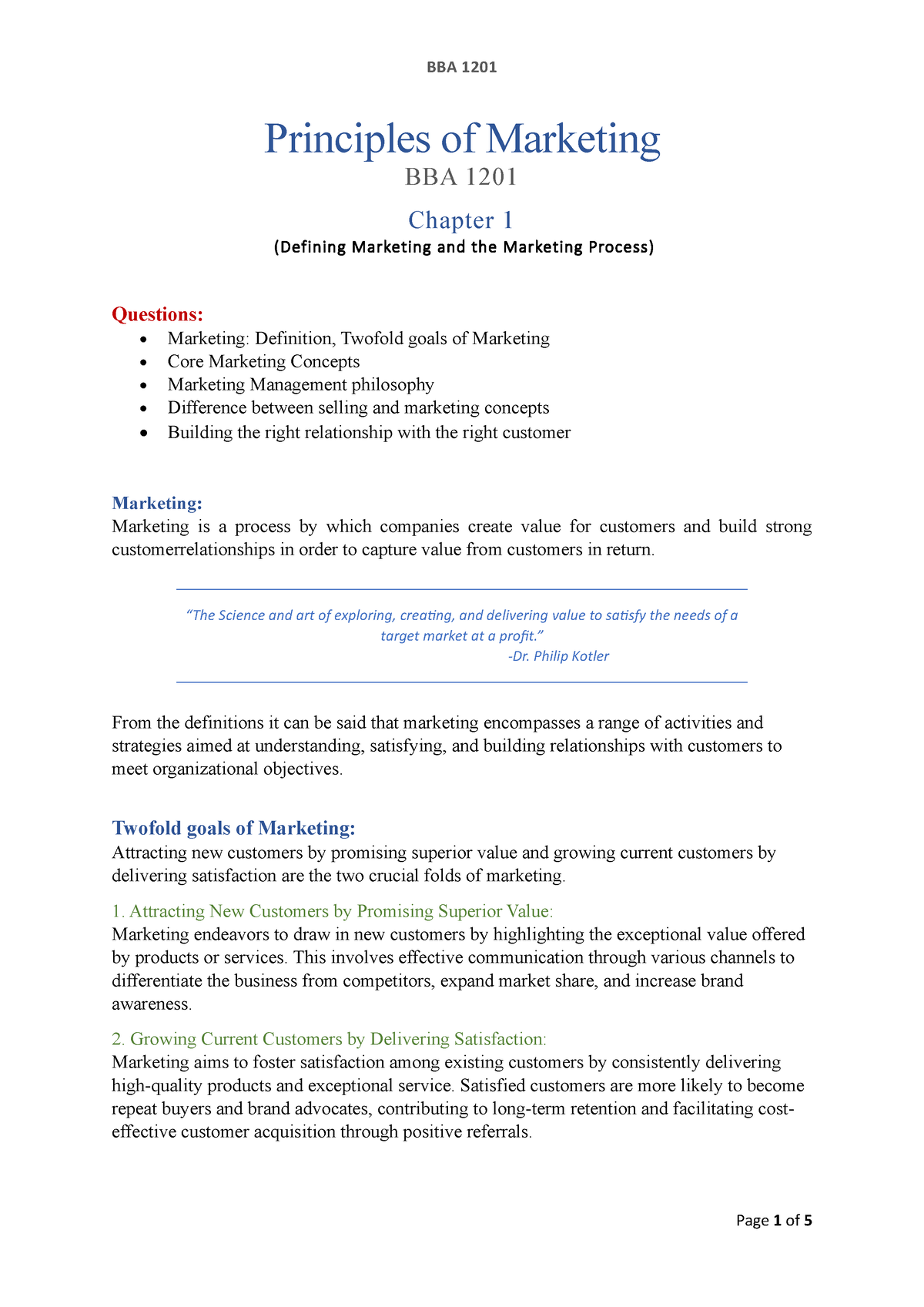 Chapter 1 - Principles of Marketing BBA 1 201 Chapter 1 (Defining ...