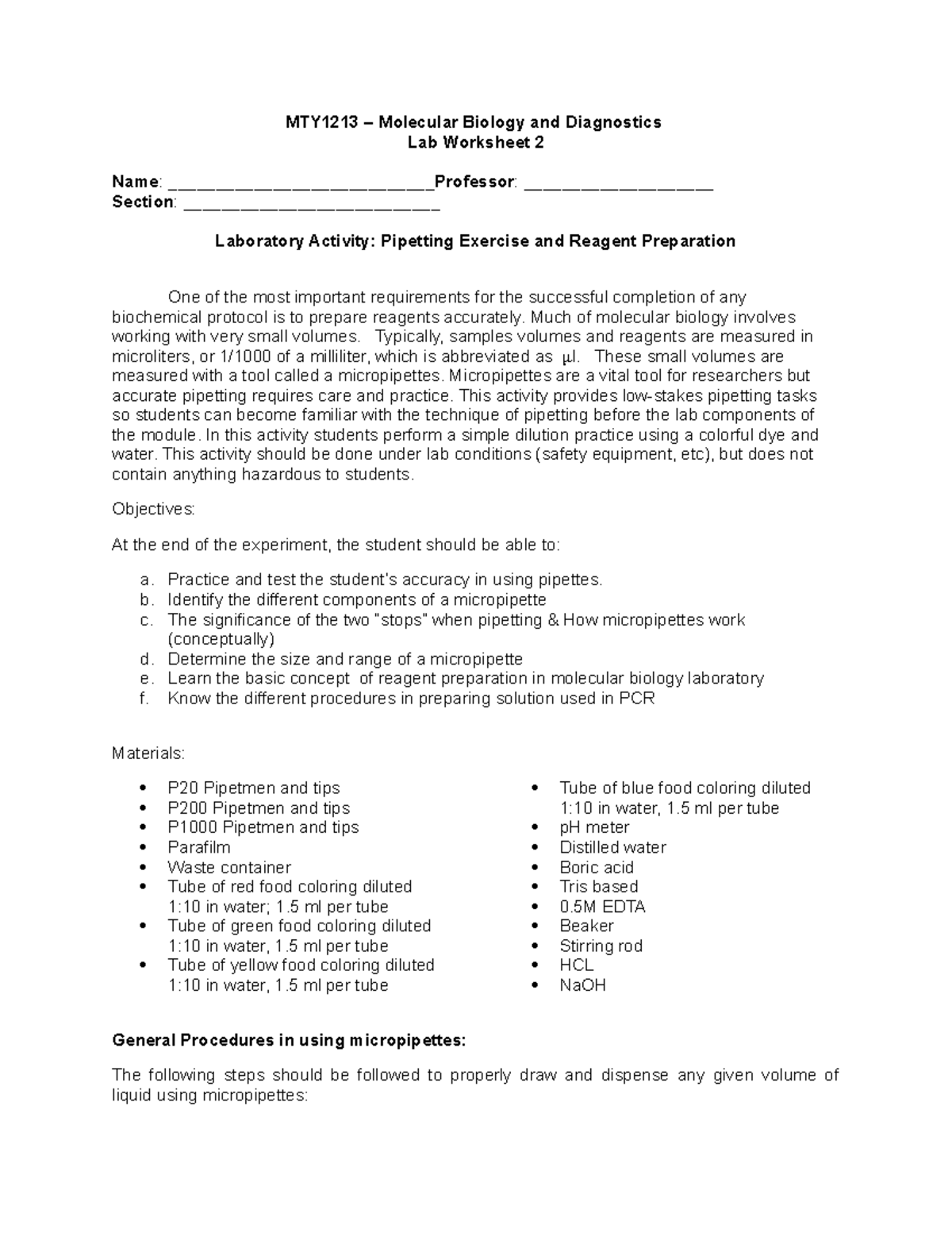 Lab Worksheet 2 Pipetting and Rgt Prep (Laboratory Worksheet) MTY1213 Molecular Biology and