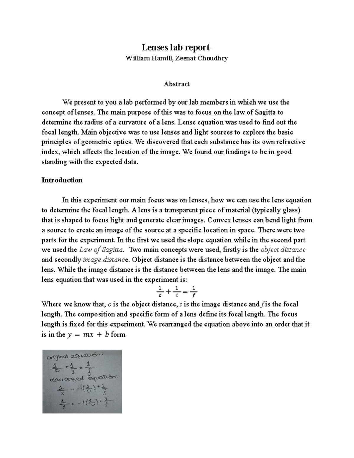 Lenses lab report Lenses lab report William Hamill, Zeenat Choudhry
