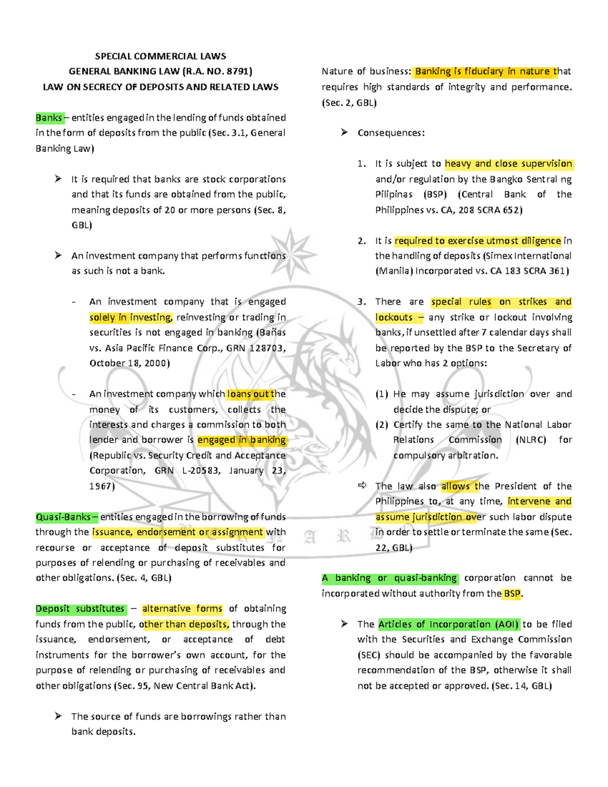 LAW 3 Midterms 1 - MATERIALS - SPECIAL COMMERCIAL LAWS GENERAL BANKING ...