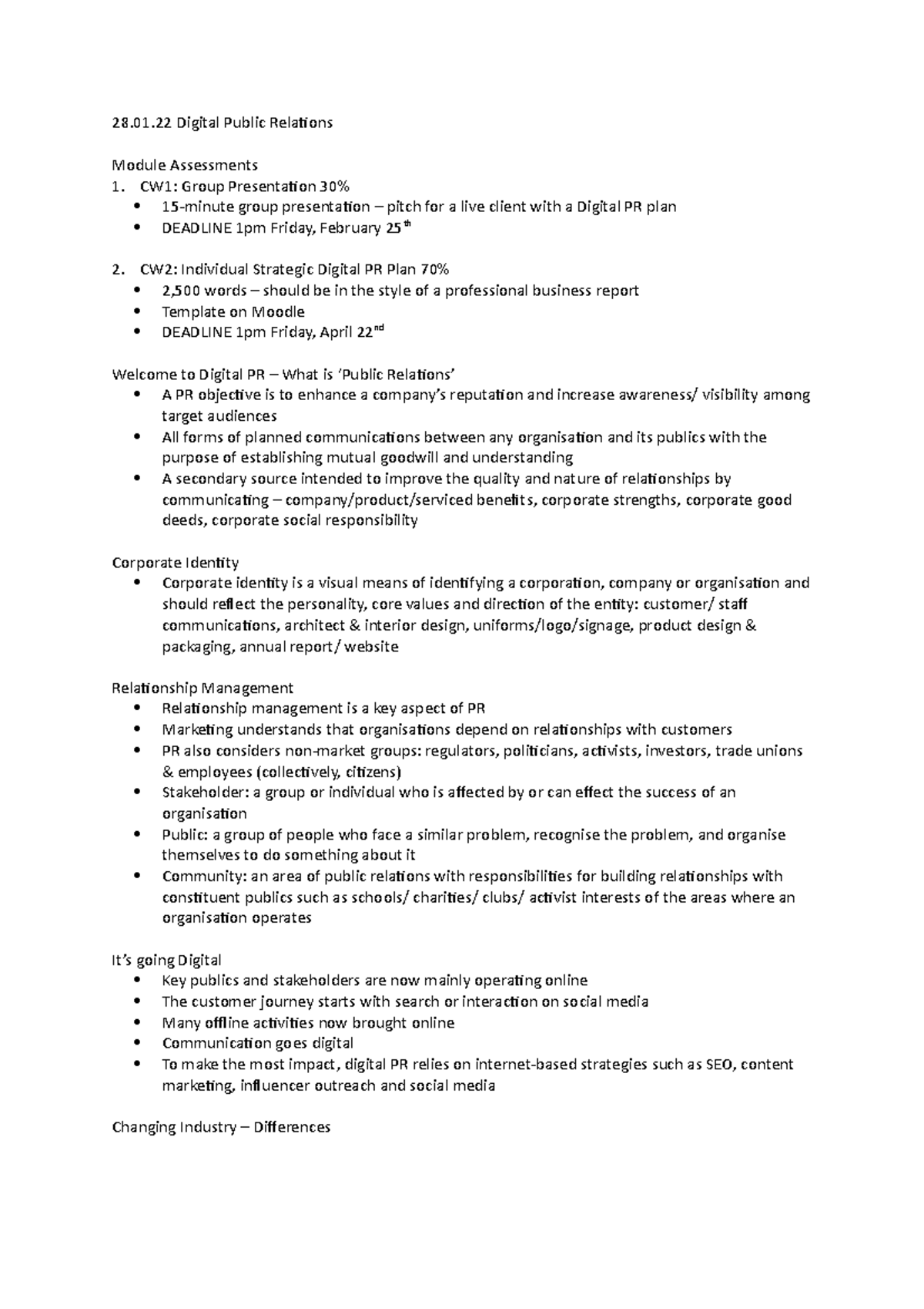 Lecture 1 - 28.01 Digital Public Relations Module Assessments CW1 ...