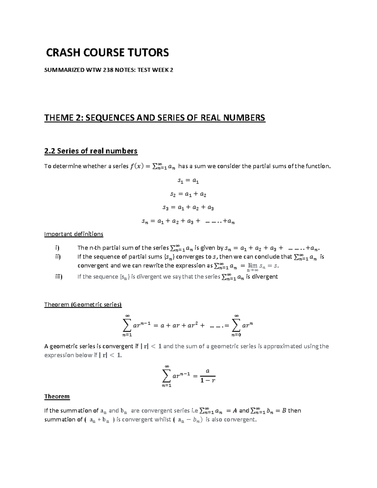 WTW 238 Notes Crash Course Tutors CRASH COURSE TUTORS SUMMARIZED WTW