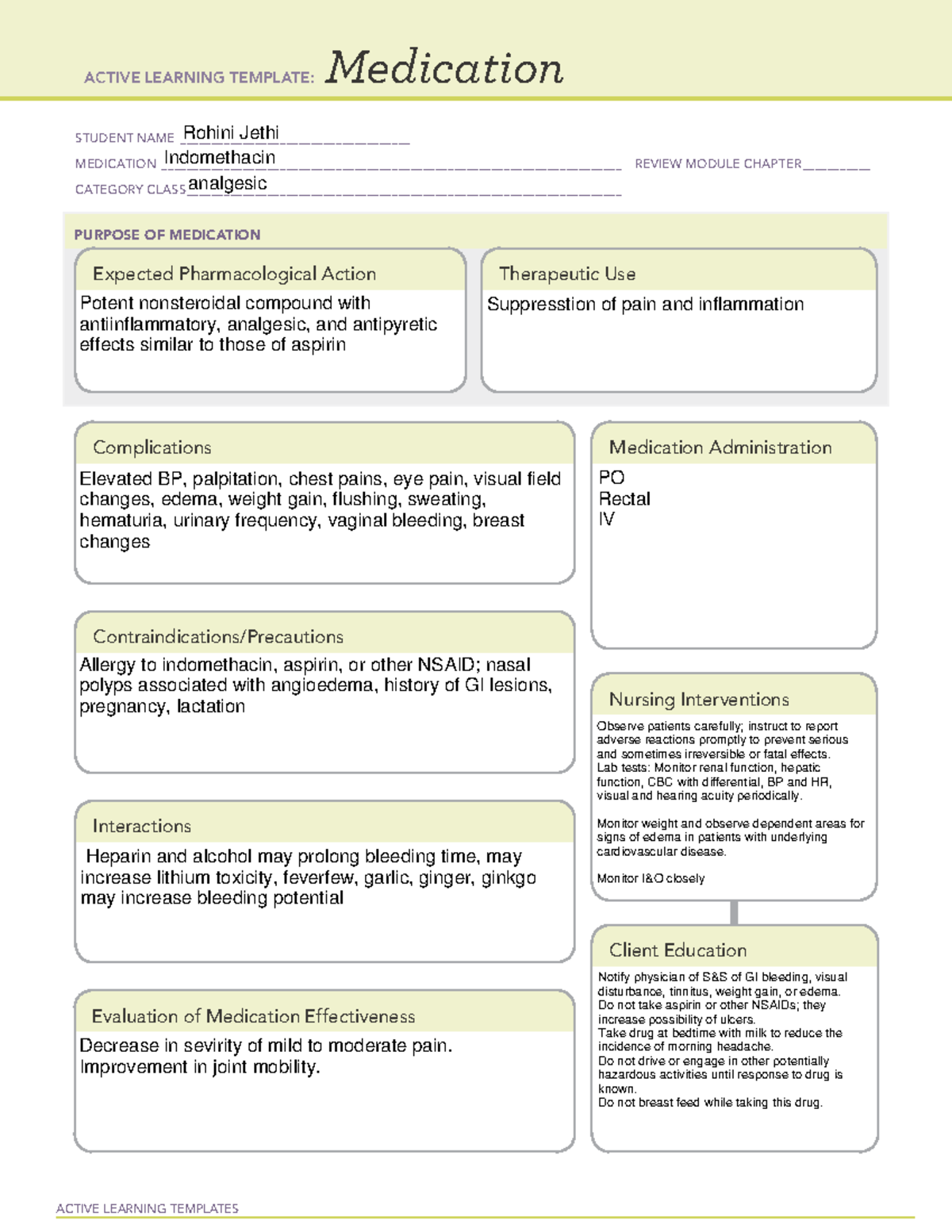 Indomethacin template 2 - ACTIVE LEARNING TEMPLATES Medication STUDENT ...