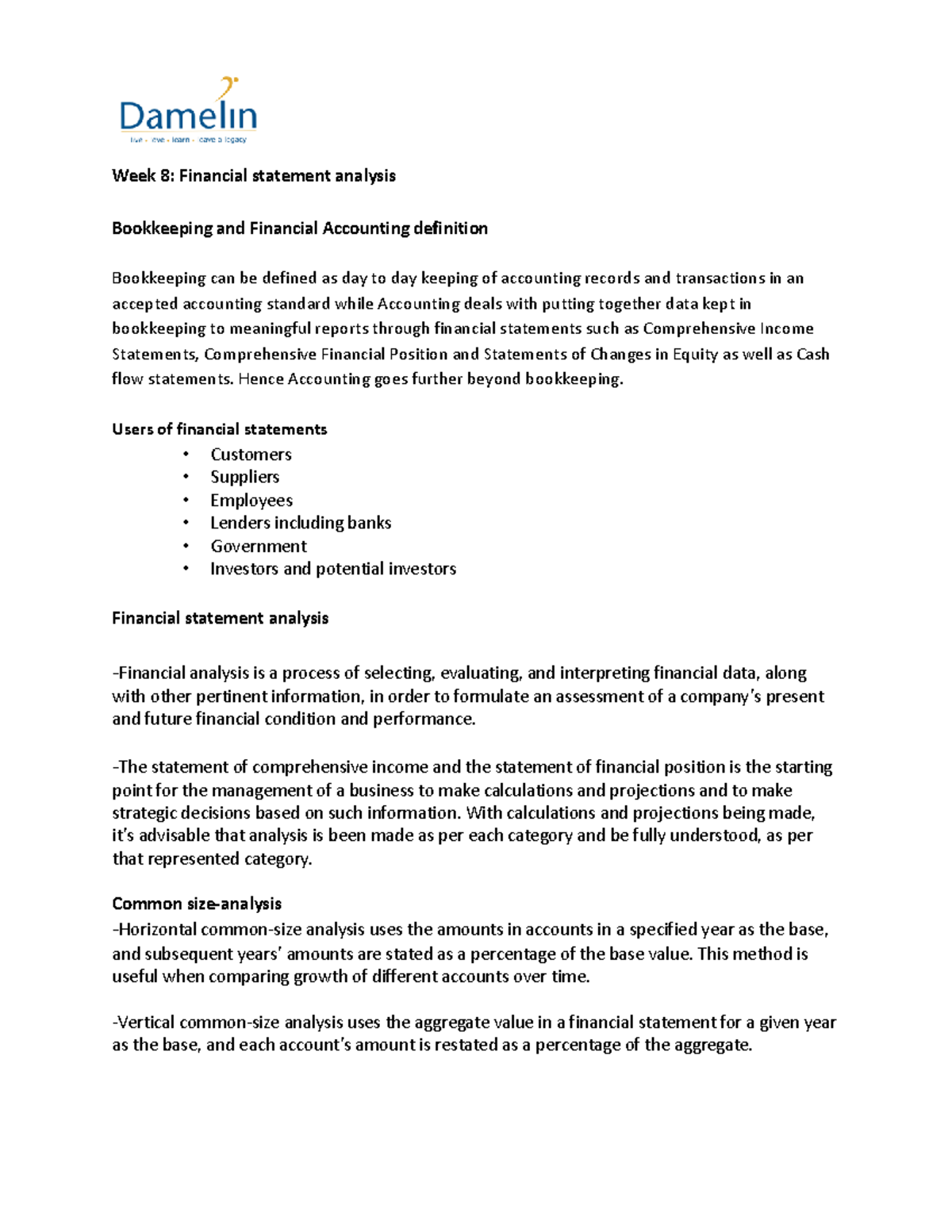 Week 8 - Notes on Financial Statement Analysis - Week 8: Financial ...