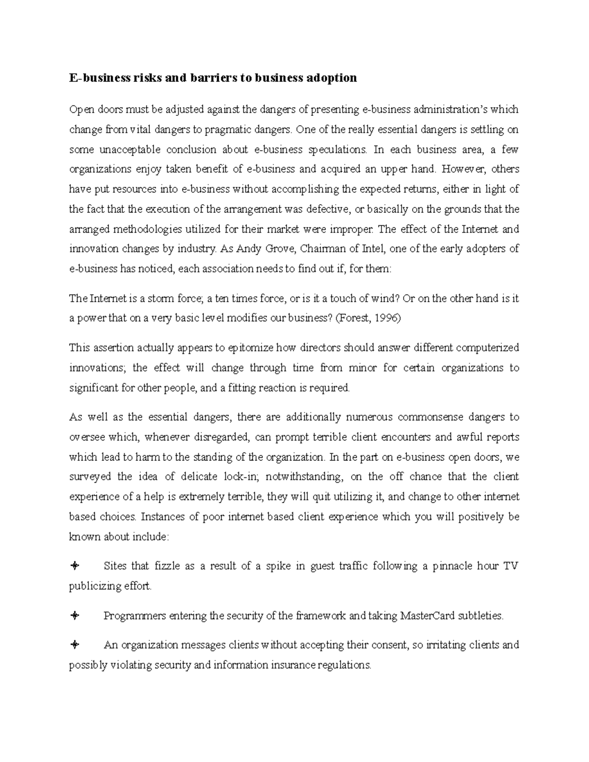 Ebusiness risks and barriers to business adoption One of the really