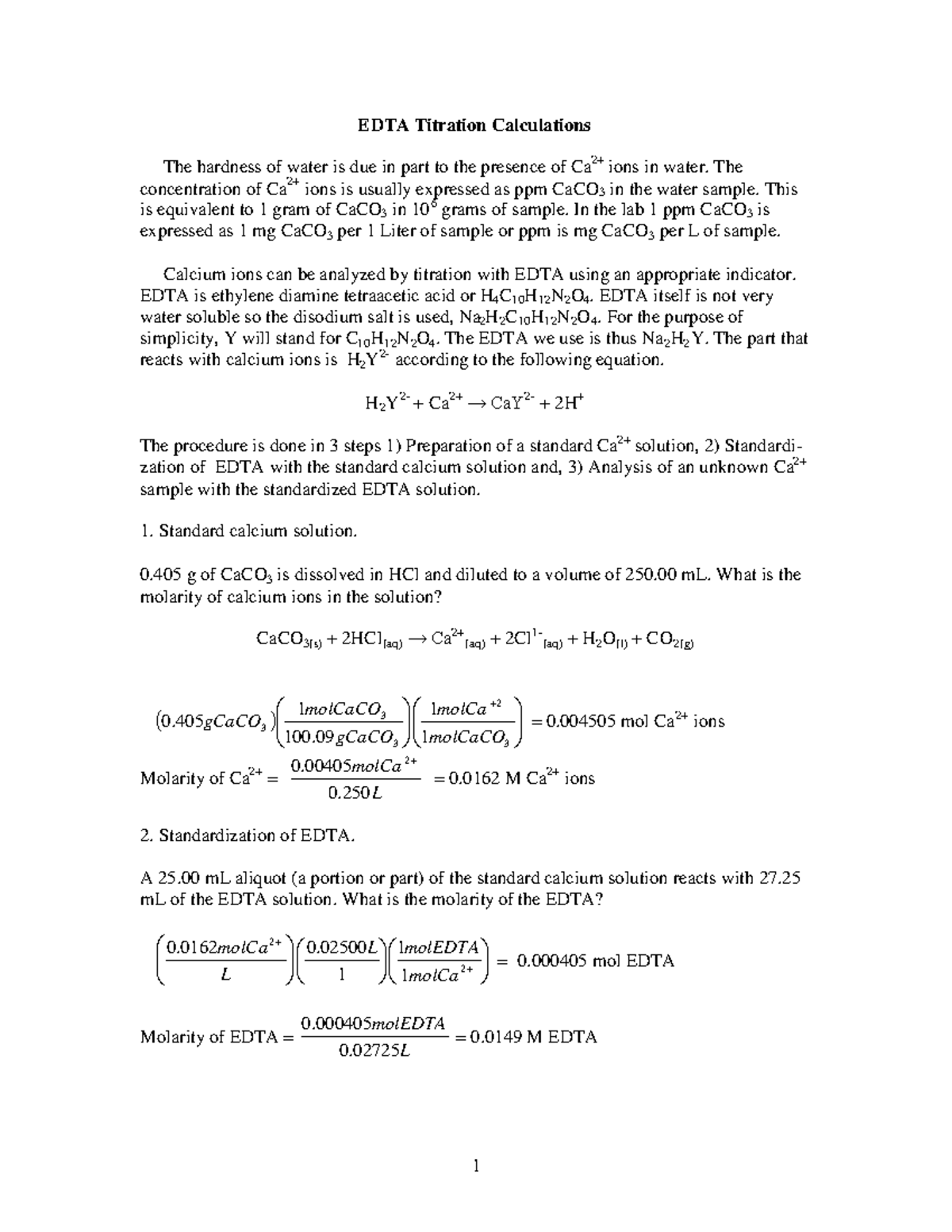 EDTA Titration Calculations 1 EDTA Titration Calculations The