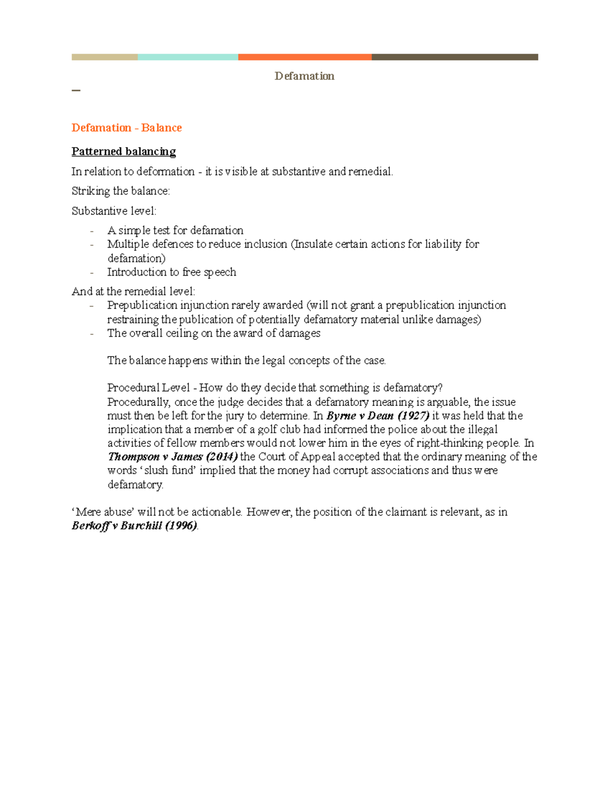Defamation Plenary - Summary of defamation and cases - Defamation ...
