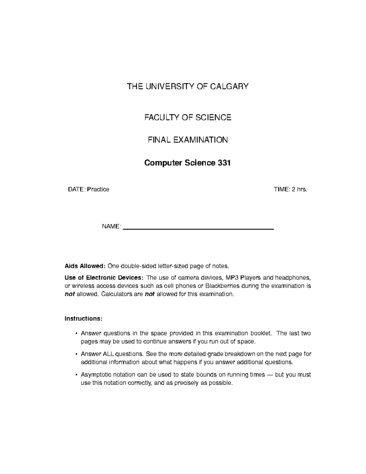 CPSC 331 Fall 2022 Final Practice Exam - THE UNIVERSITY OF CALGARY ...
