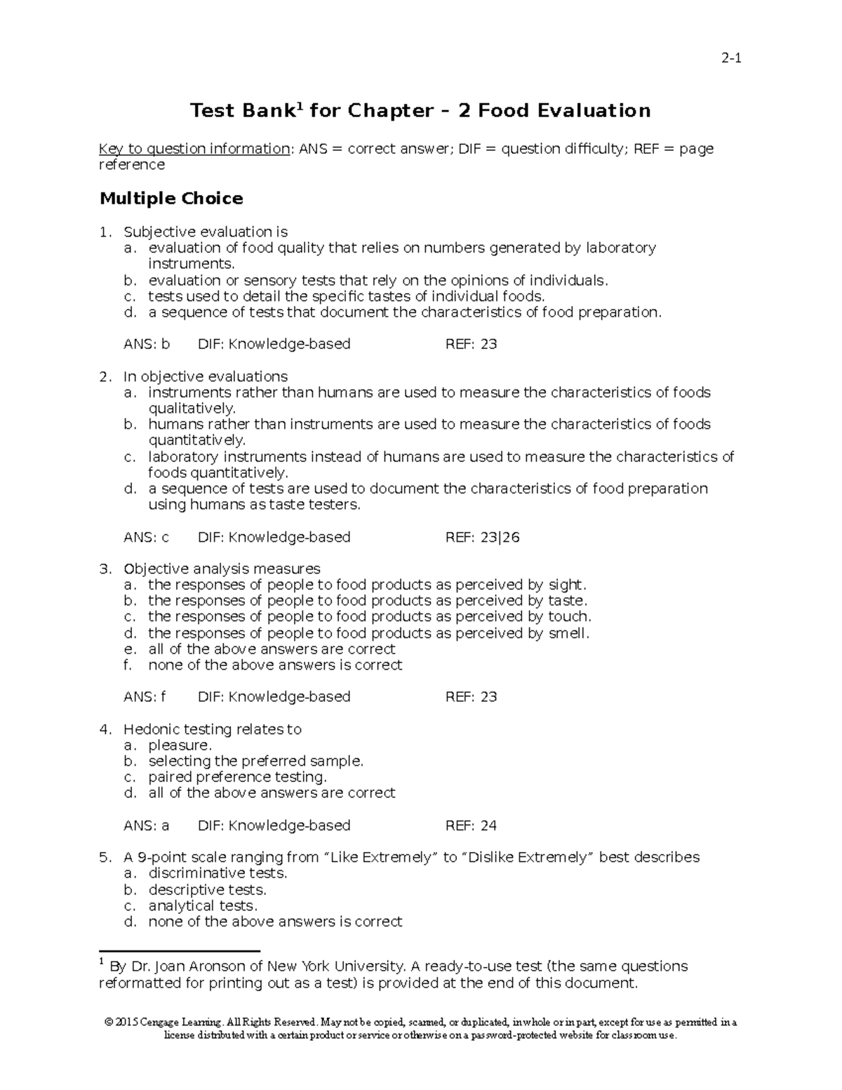 02TB UF5e - key answer - Test Bank 1 for Chapter – 2 Food Evaluation ...